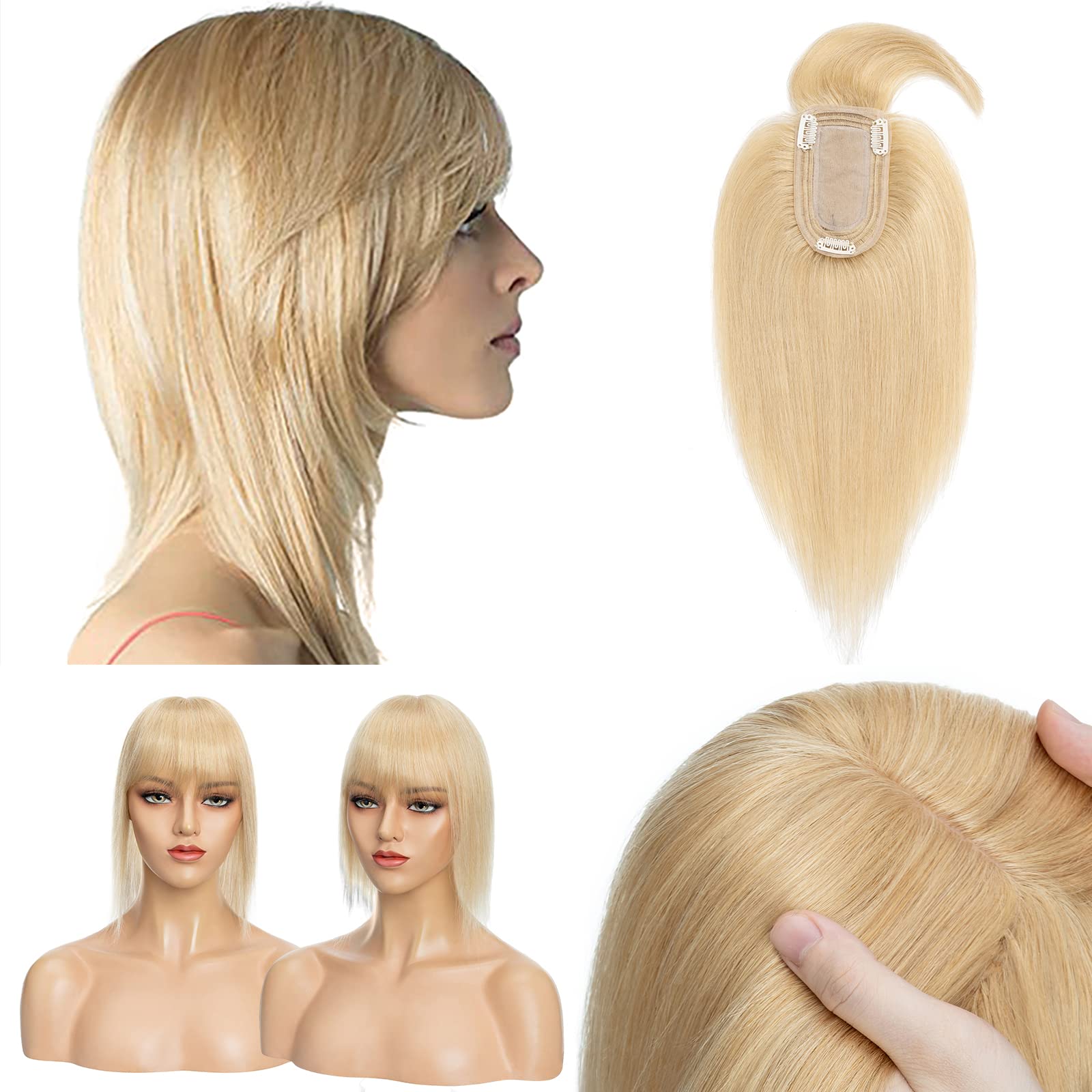 Benehair 100% Remy Human Hair Toppers for Women with Bangs | 150% Density Handmade Silk Base Clip-In Hairpiece | Natural Blonde 12 Inch | Covers Thinning Hair & Gray Hair | Perfect for Daily Wear, Special Occasions & Hair Loss Solutions