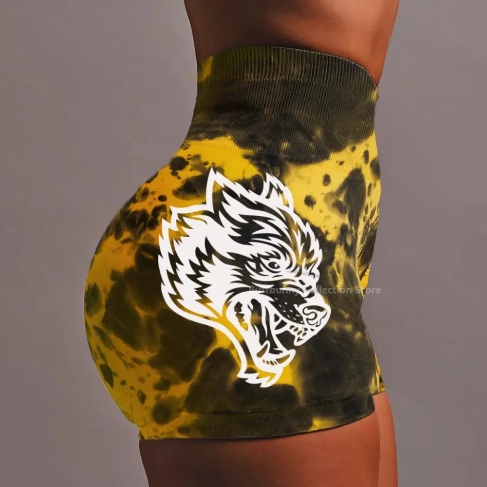 She Darc Wolf Tie Dye Scrunch Shorts for Women - Seamless Yoga Shorts, Breathable Workout Shorts with High Waist for Running, Gym & Summer Activities
