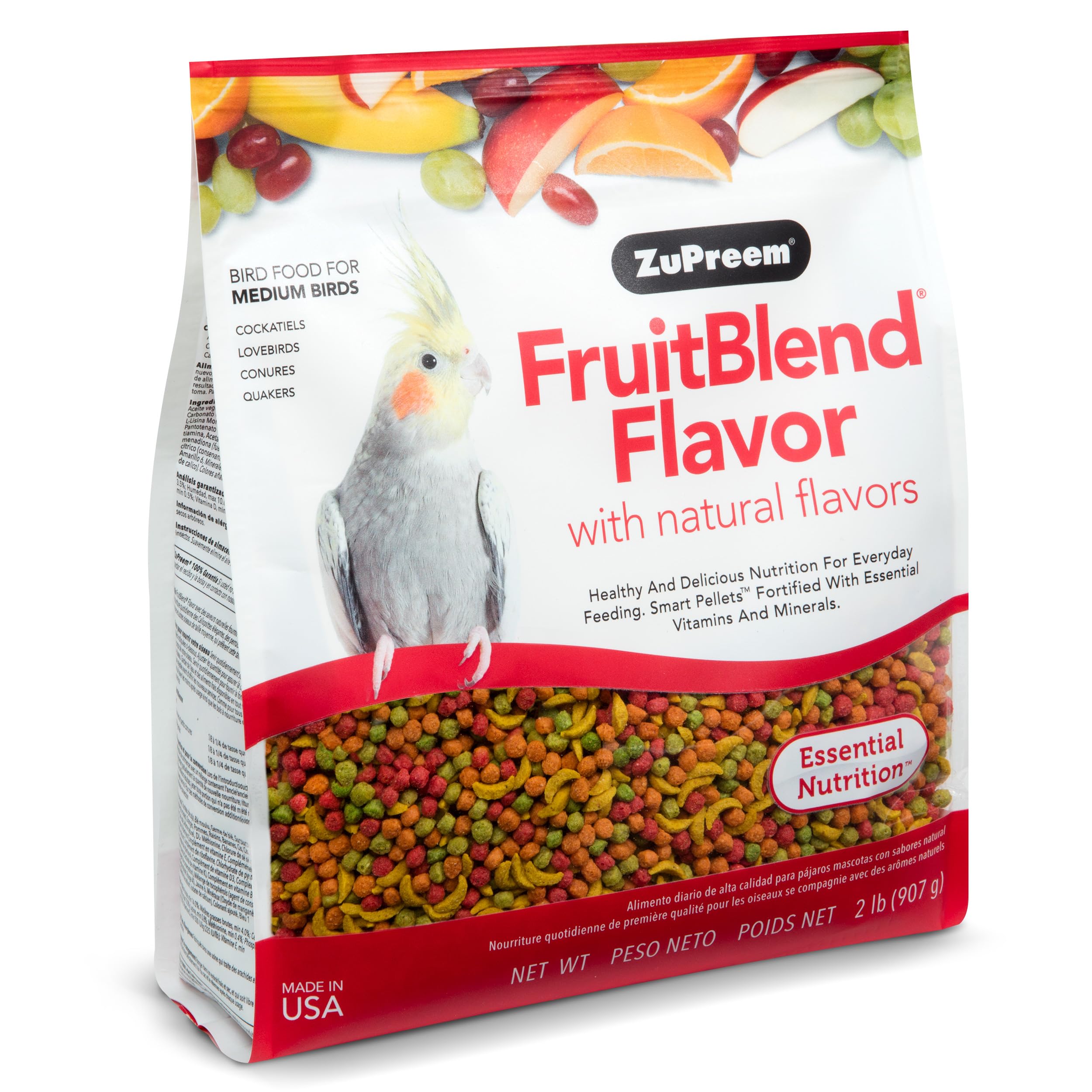 ZuPreem FruitBlend Bird Pellets - Premium Daily Bird Food for Cockatiels, Lovebirds, Quaker Parrots, Small Conures & Lorikeets | Complete Nutrition for Medium Birds | Cockatiel & Conure Food (Medium Size, 2 lb Bag) | Perfect for Daily Feeding & Bird Health Maintenance