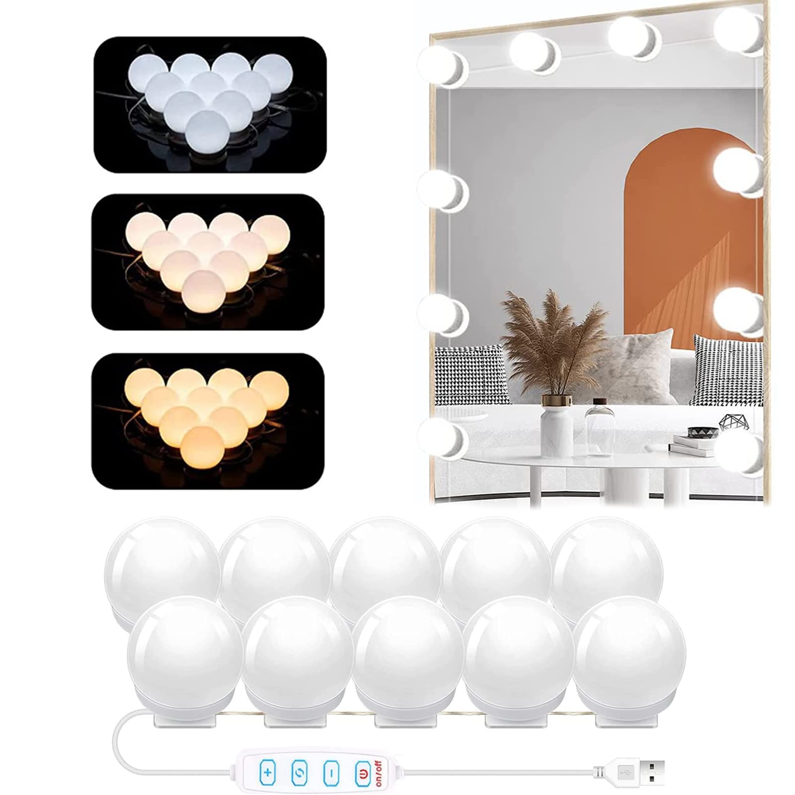 Goliseen Hollywood Style Vanity Mirror Lights - 10 LED Adjustable Color & Brightness Makeup Light for Bathroom Mirror & Dressing Table (No Mirror Included) - Perfect for Professional Makeup Application & Home Beauty Salon Setup