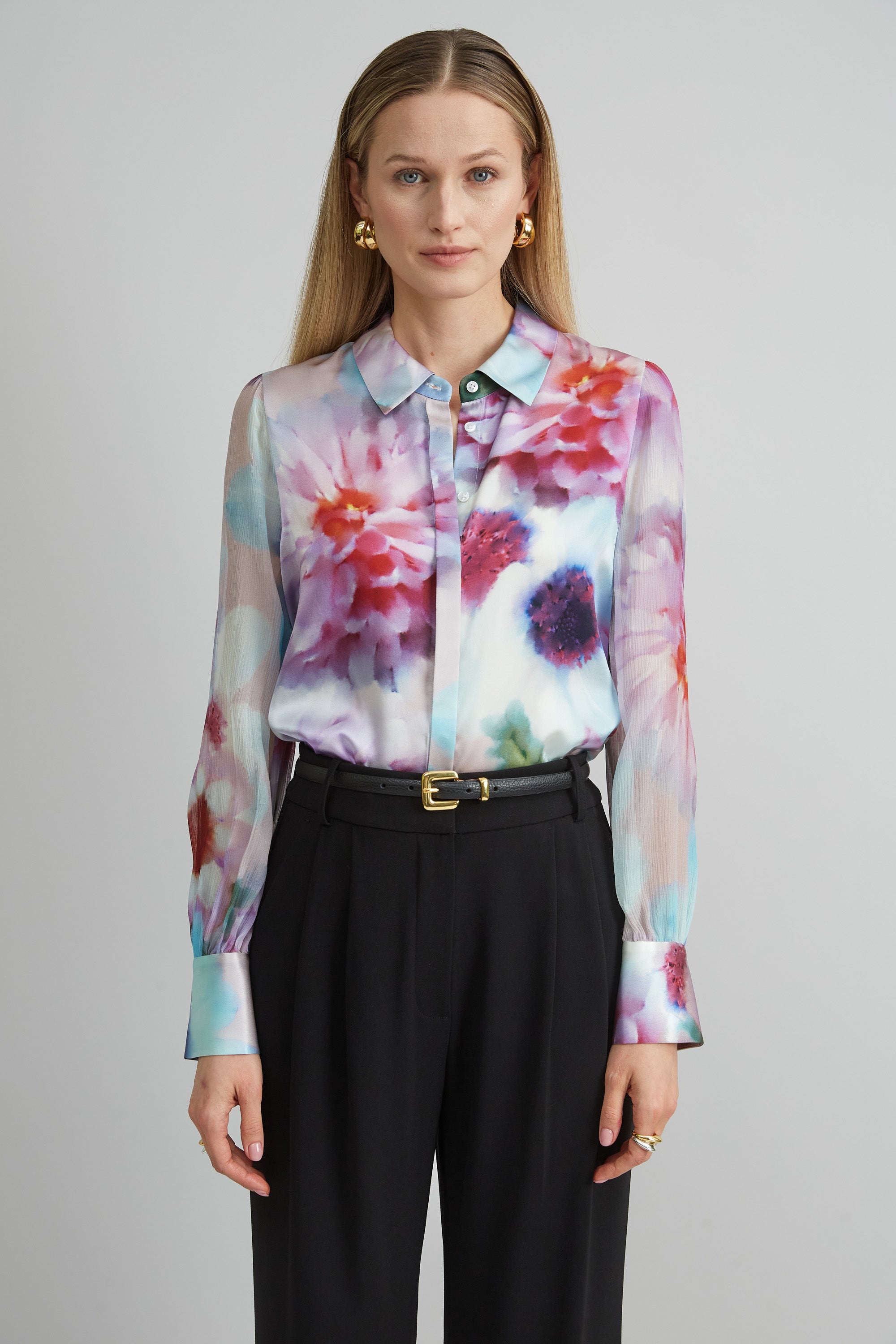 Stylish Mixed Media Silk Floral Shirt for Women - Elegant Blouse with Floral Print for Casual Wear, Office & Special Occasions