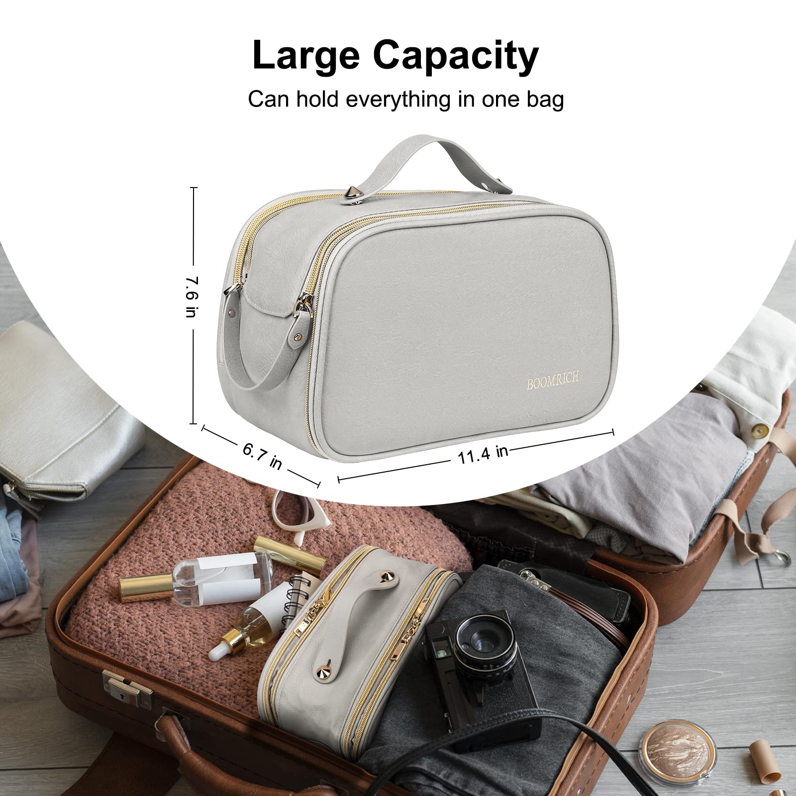 BOOMRICH Large Water-Resistant Leather Travel Makeup Bag for Women - Cosmetic & Toiletry Organizer with Multiple Pockets, Perfect for Vacation, Gym & Business Trips (Blue Grey)