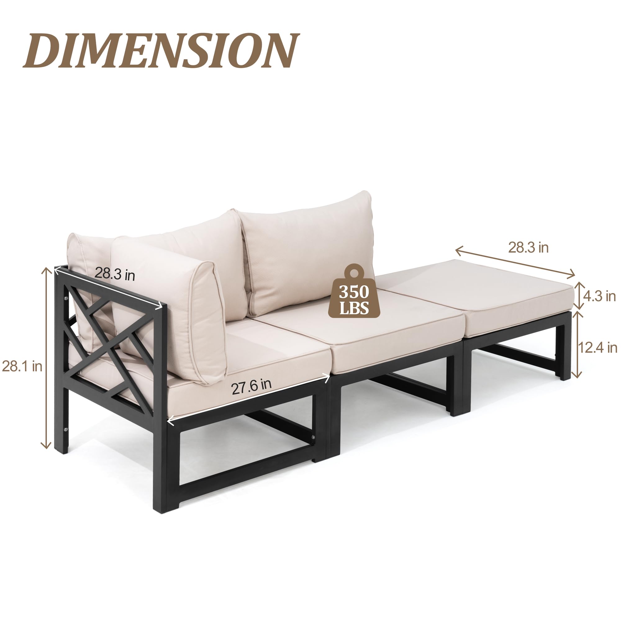 Pellebant 3-Piece Aluminum Patio Loveseat Set with Coffee Table & Removable Cushions - Modern Outdoor Furniture for Garden, Lawn, Backyard or Poolside Relaxation (Beige)