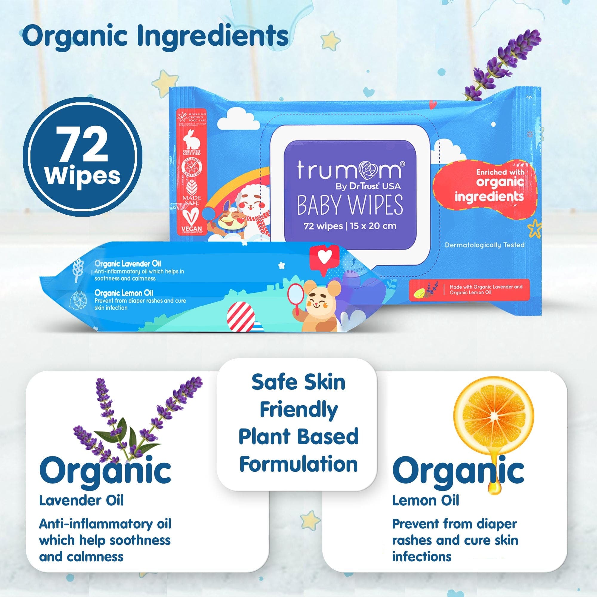 Organic Baby Wipes by Trumom USA - 3-Pack | Hypoallergenic, Chemical-Free & Safe Certified | Gentle for Newborns & Sensitive Skin | Perfect for Diaper Changes, On-the-Go Cleaning & Baby Care Essentials