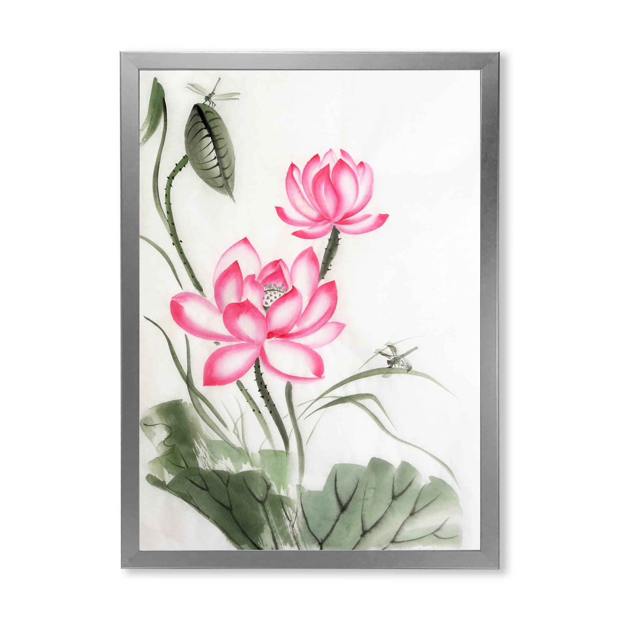 Lotus and Dragonfly Traditional Framed Wall Art - Handmade Asian Home Decor for Living Room, Bedroom & Office | Feng Shui Inspired Painting