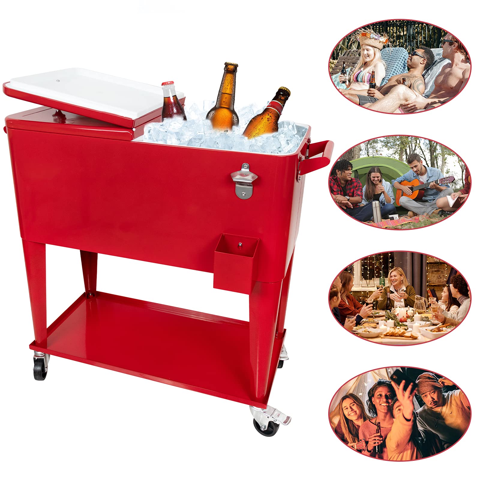 **SHAREWIN 80 QT Rolling Cooler Cart - Portable Ice Chest for Outdoor, Patio, Deck & Backyard Parties - Wheeled Beverage Cooler with Shelf & Bottle Opener - Perfect for BBQs, Camping & Tailgating**