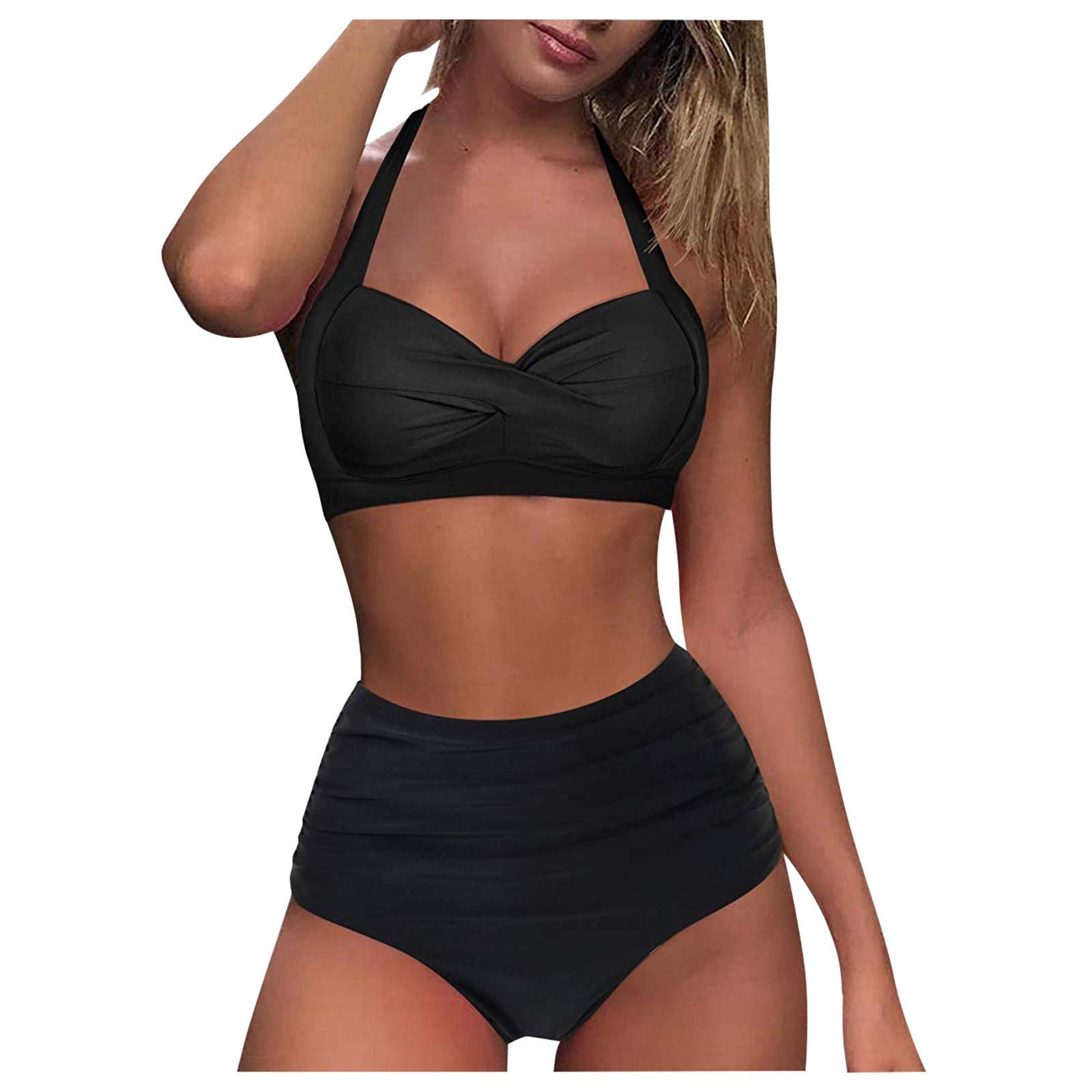 iOPQO Vintage Ruched Halter Bikini Set - High Waist Retro Print Two-Piece Swimsuit for Women | Perfect for Beach Vacations, Pool Parties & Summer Getaways