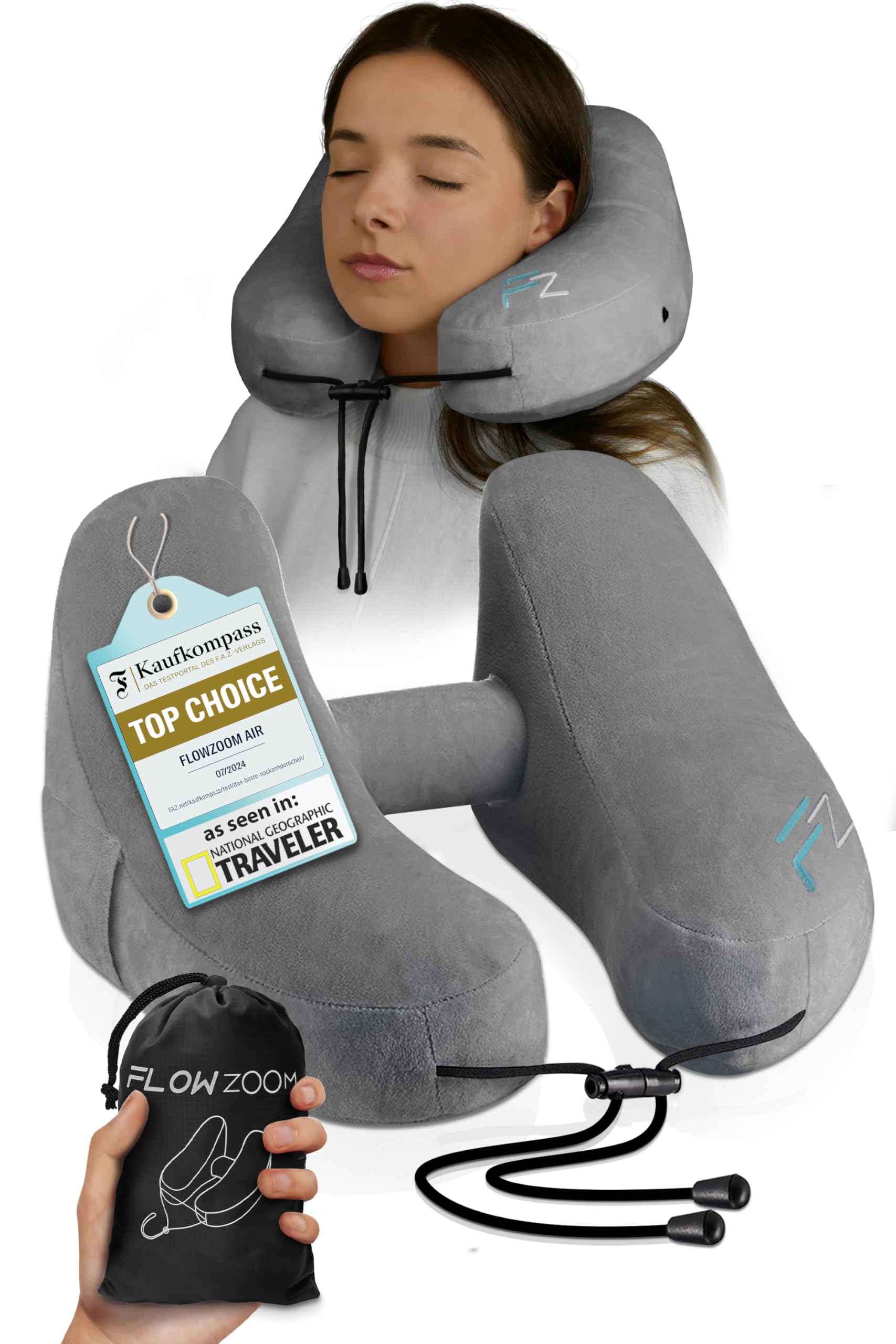 **Inflatable Travel Pillow for Airplanes - Adjustable Hooded Neck Pillow for Long Flights - Compact & Comfortable Airplane Pillow - Perfect for Business Travel & Economy Class (Size L, Silver Gray) - Ideal for Sleeping on Planes, Trains & Road Trips**