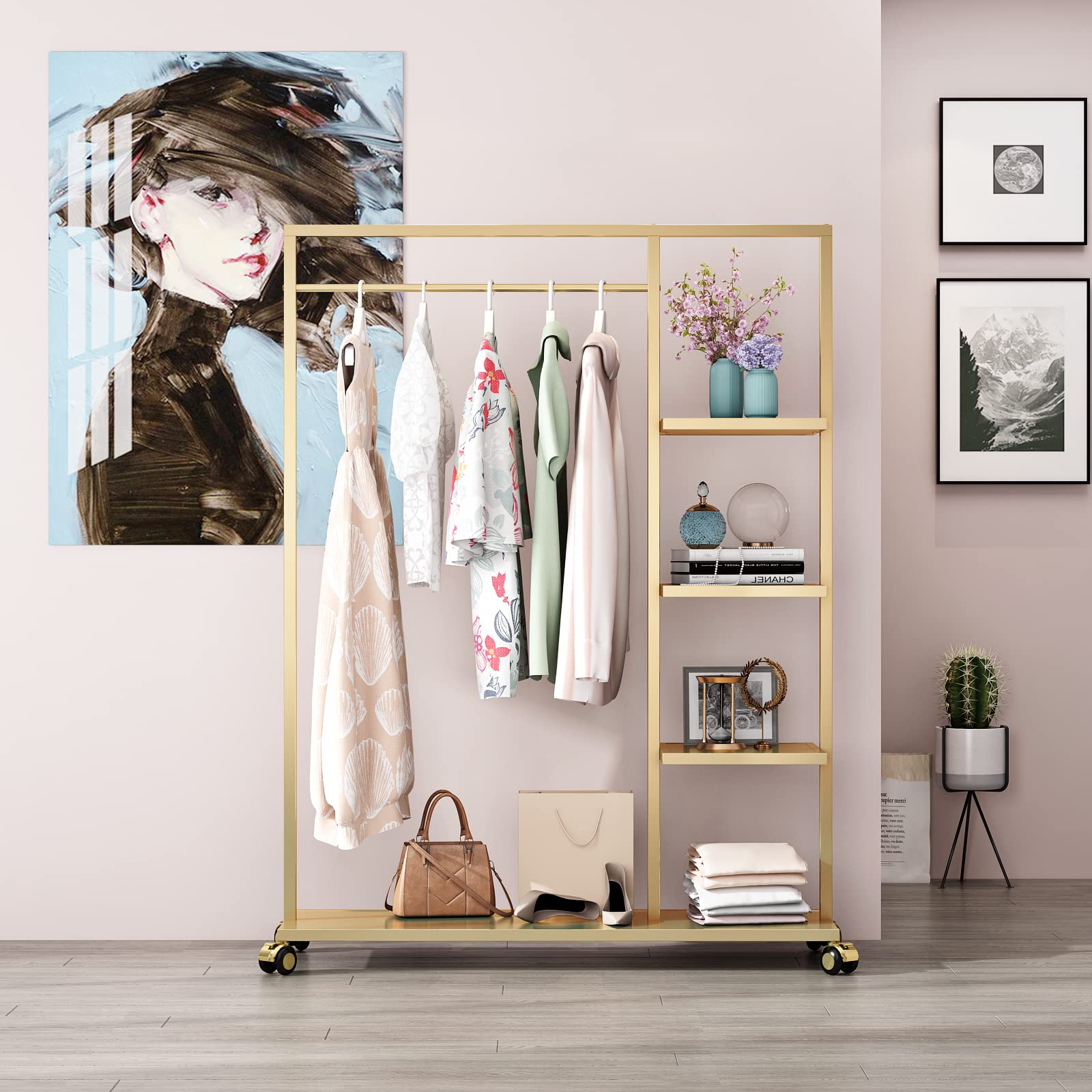 Stylish Gold Clothing Rack with Shelf - Heavy Duty Garment Rack for Boutique & Home Use - Multi-Purpose Hanging Organizer for Clothes, Accessories & Retail Display (Gold) - Perfect for Bedroom, Closet, Store & Fashion Showroom