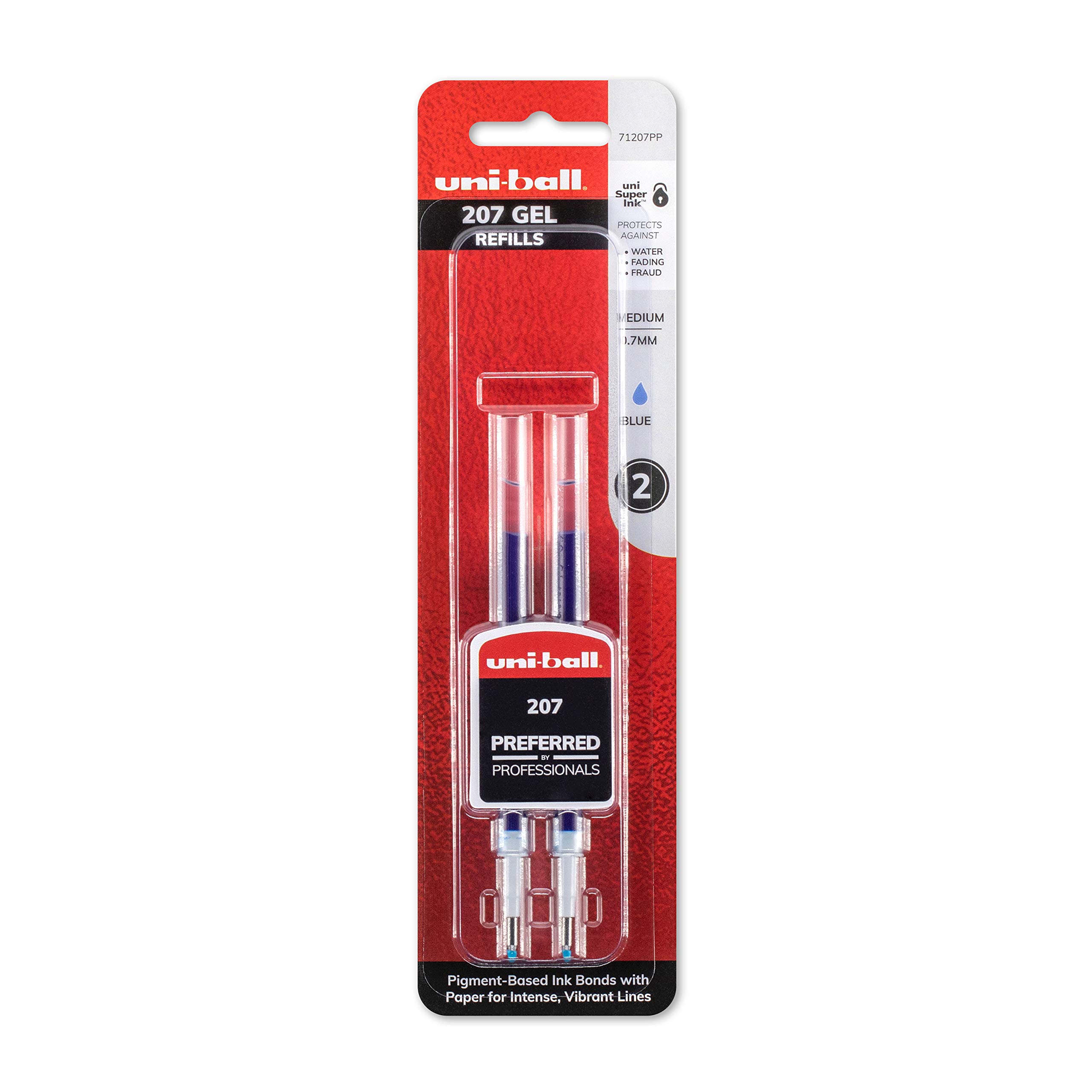 Uni-Ball 207 Signo Click Retractable Gel Pen Refill - 2 Pack Medium Point Blue Ink, Fraud-Proof Writing for Office, Nursing, Business, School & Bible Study | Perfect for Signing Documents, Note-Taking & Everyday Use