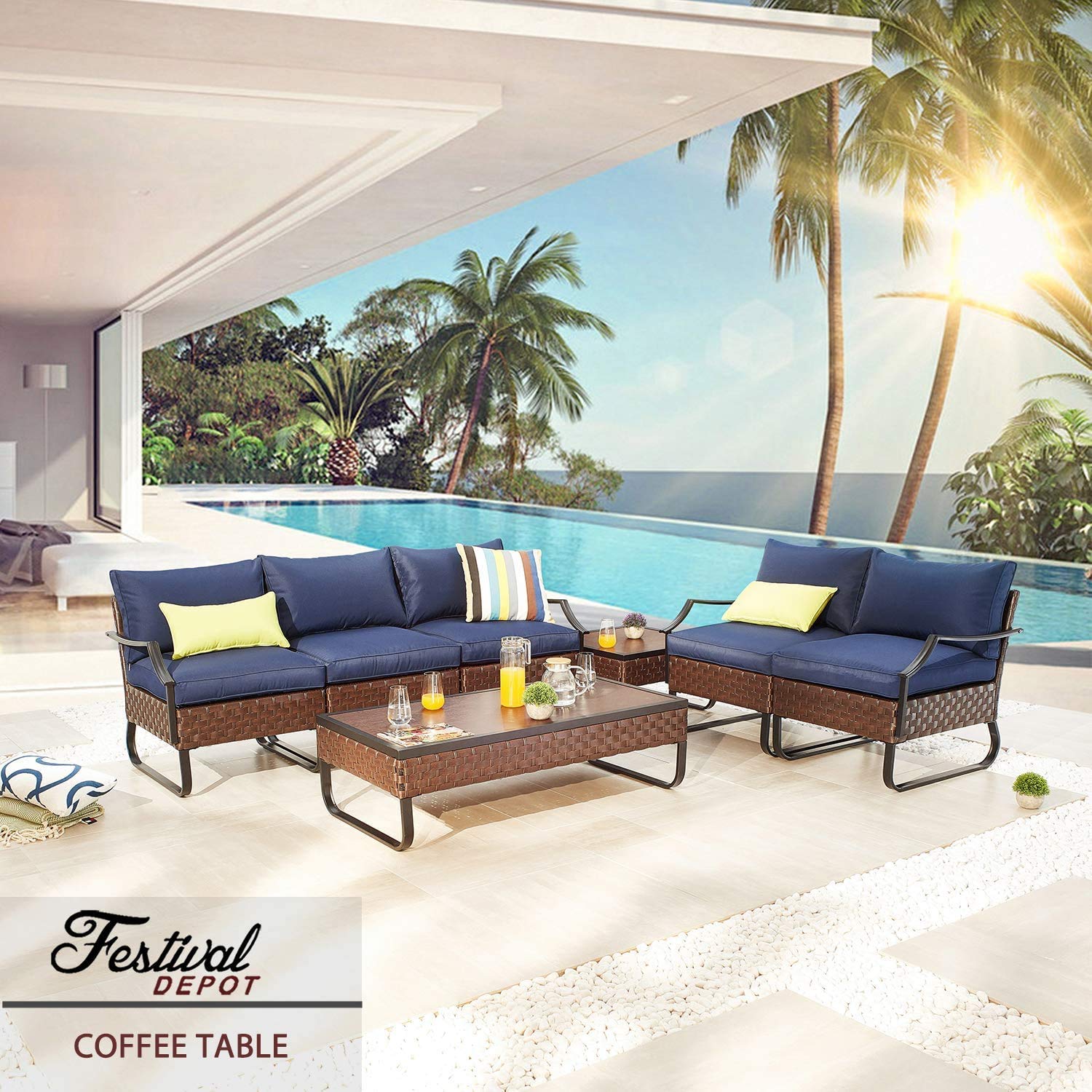 **Festival Depot Patio Table - Brown Rattan Woven Wicker Coffee Table with Aluminum Tabletop, All-Weather Outdoor Furniture for Backyard, Porch, Garden (U-Shaped Leg) - Perfect for Relaxing, Entertaining & Outdoor Dining**