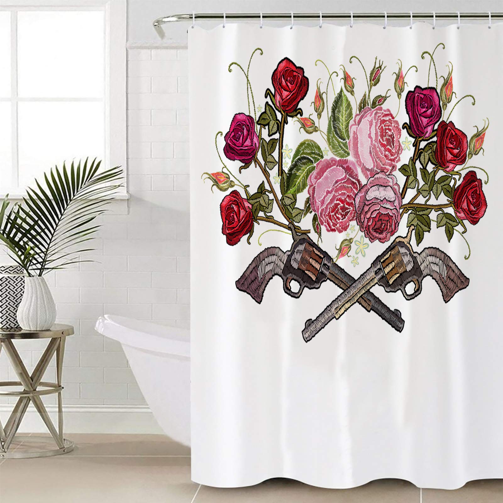 Greday Embroidered Rose Retro Roscoe Polyester Shower Curtain Set with Hooks - 36x78 Inch Waterproof Bathroom Decor for Bathtub & Shower Stall - Vintage Floral Bath Accessories for Home, Apartment, and Hotel Use
