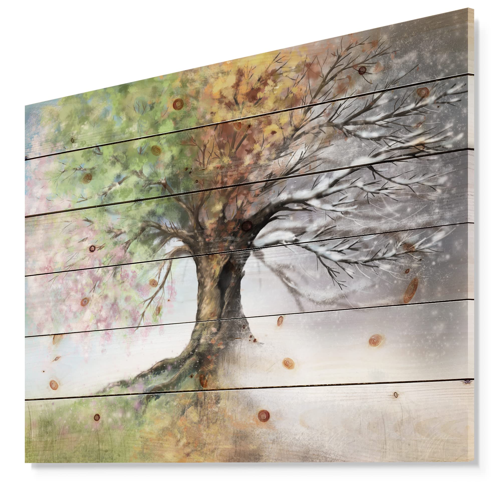 Four Seasons Tree Traditional Wood Wall Decor - Large Landscape Pine Wood Art Panel for Home & Office Decoration | Perfect for Living Room, Bedroom, and Office Spaces