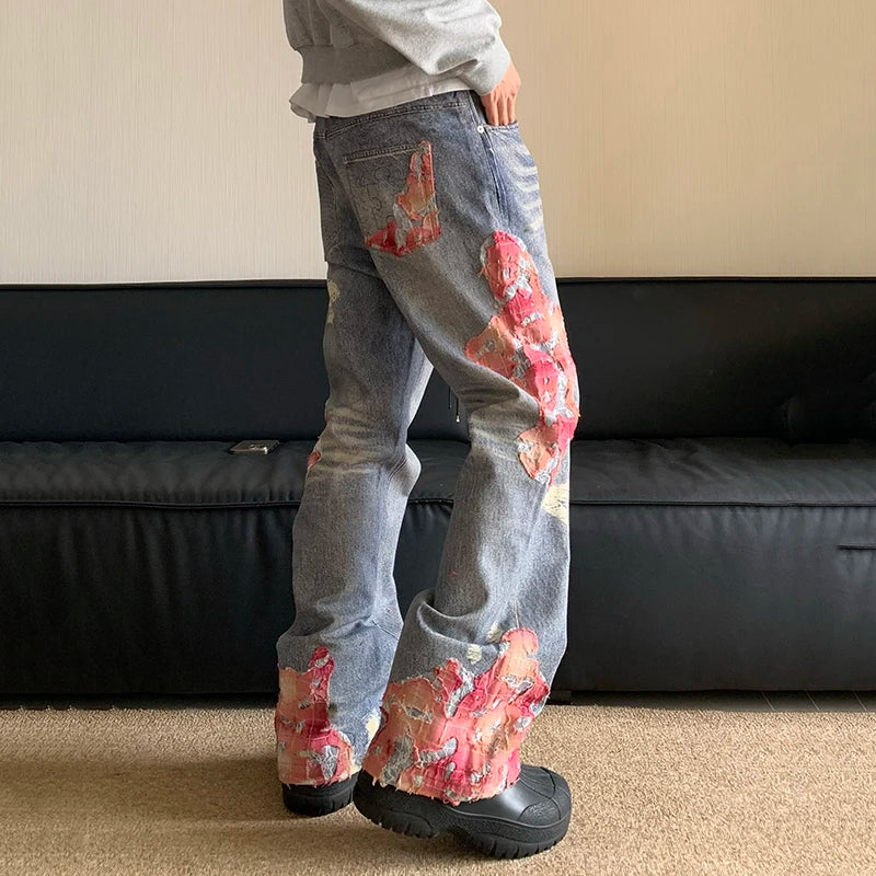 American Style High Street Denim Jeans for Men - Micro Horn Printing & Contrast Color Splicing | Trendy Streetwear Fashion | Perfect for Casual Outings, Parties and Urban Lifestyle