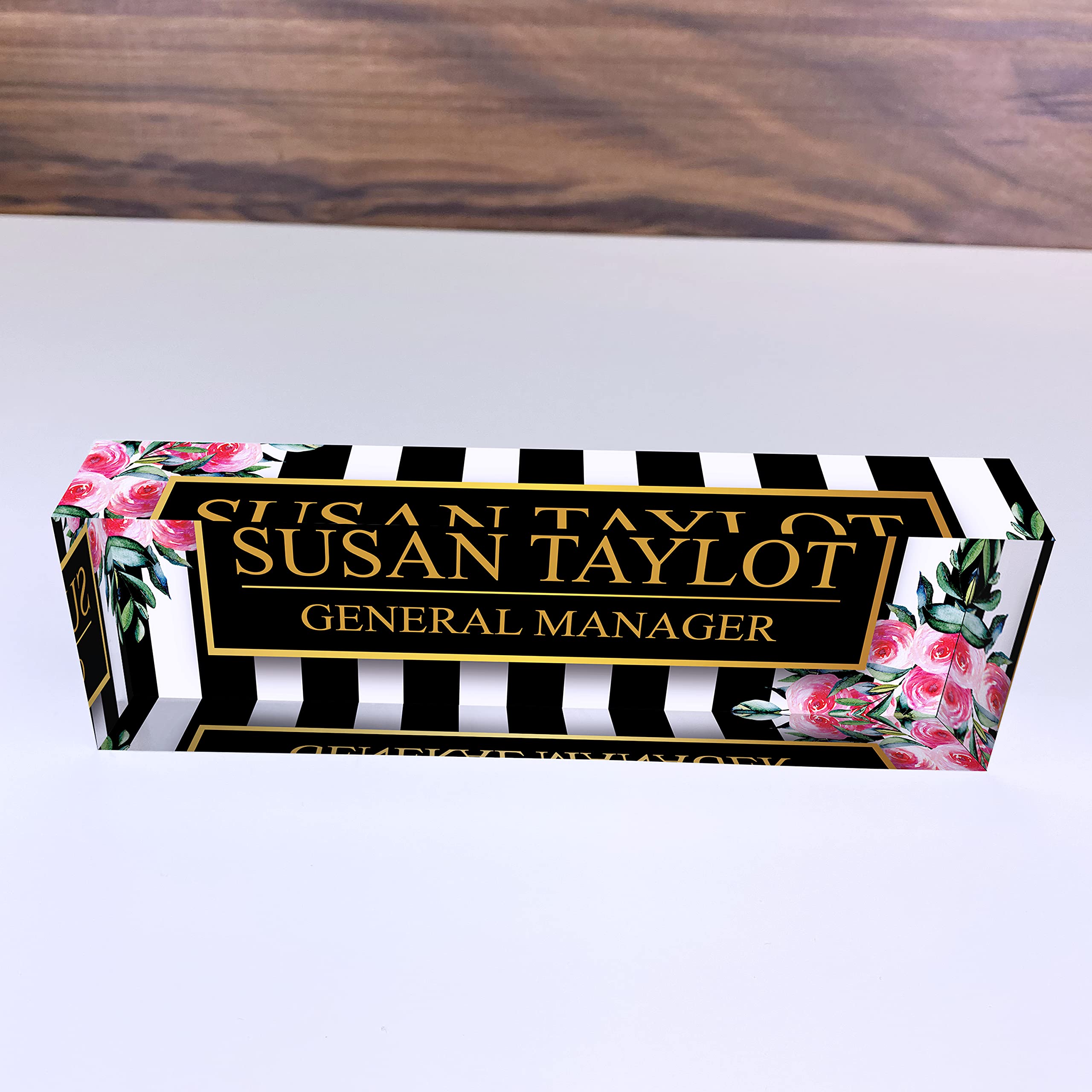 Personalized Artblox Office Desk Name Plate - Custom Acrylic Name Plates with Black Stripes & Roses Design (8