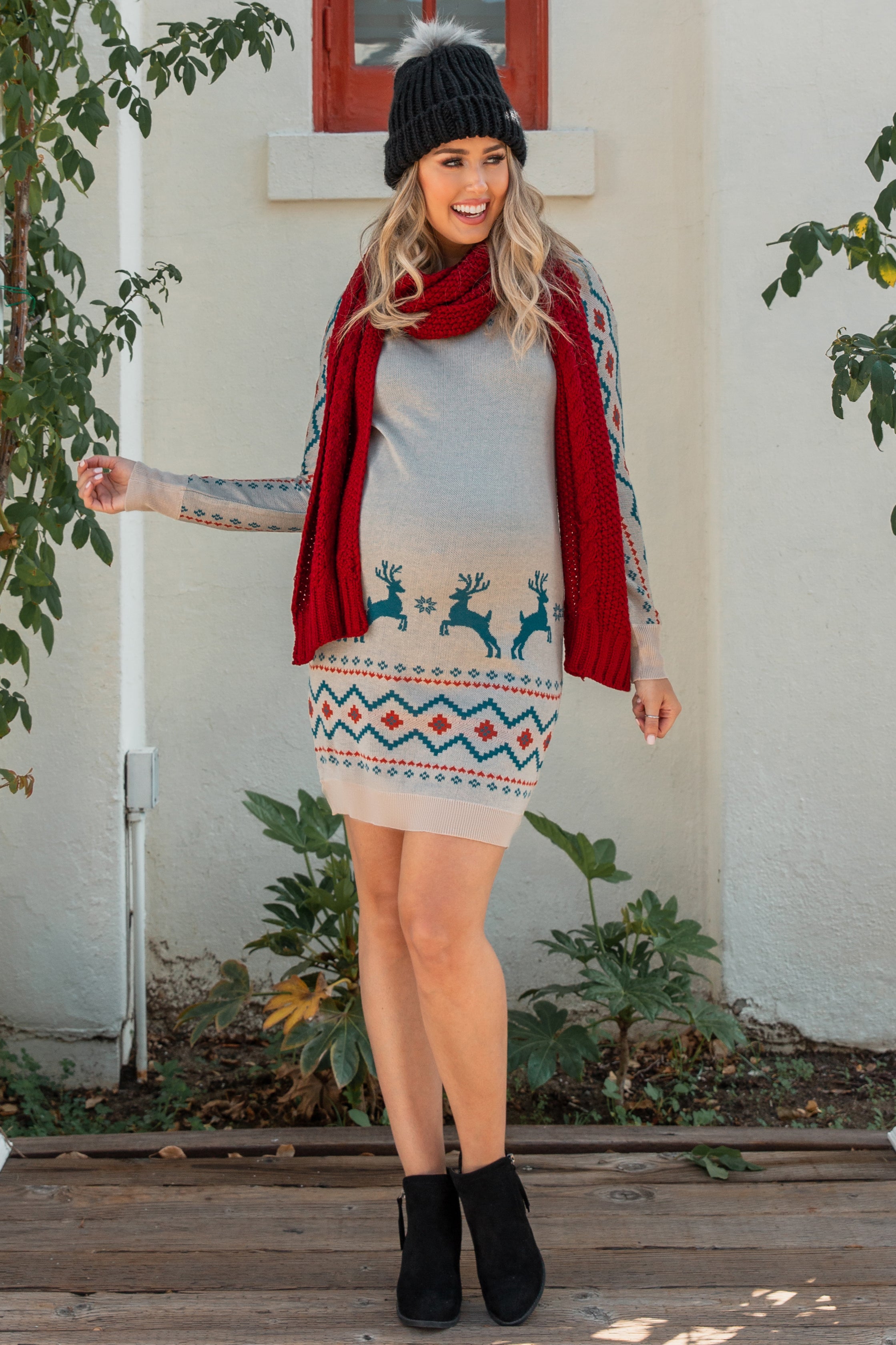 Beige Reindeer Print Maternity Sweater Dress for Pregnancy - Cozy Winter Outfit for Baby Shower & Holiday Photos