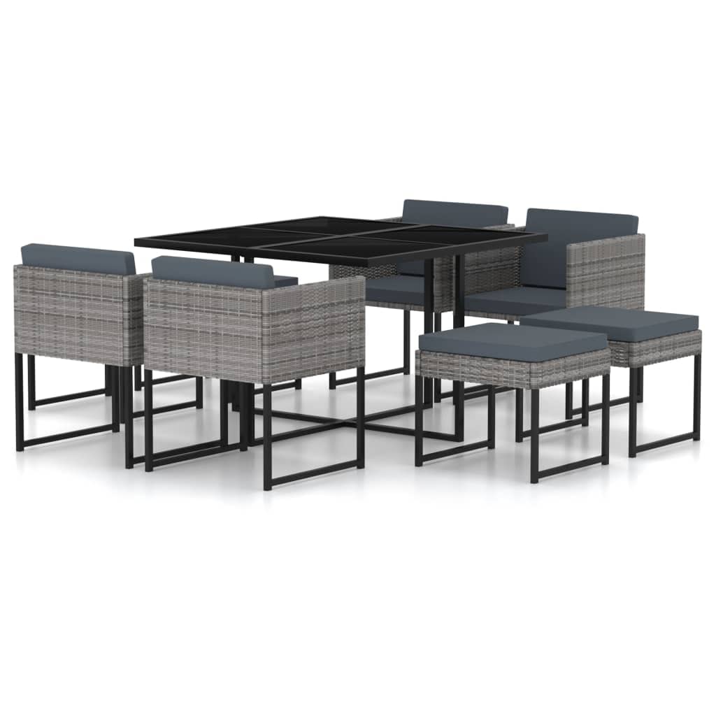 vidaXL 9-Piece Patio Dining Set with Glass Tabletop & Cushioned Rattan Chairs - Modern Gray Poly Rattan Outdoor Furniture for Garden, Backyard, and Poolside Dining