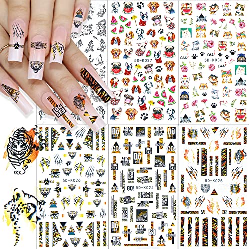 5D Embossed Leopard Nail Stickers - 6 Sheets 3D Animal Alphabet & Flower Design Self-Adhesive Nail Art Decals for DIY Manicure | Perfect for Nail Salon, Home Decor, Party & Gift Giving