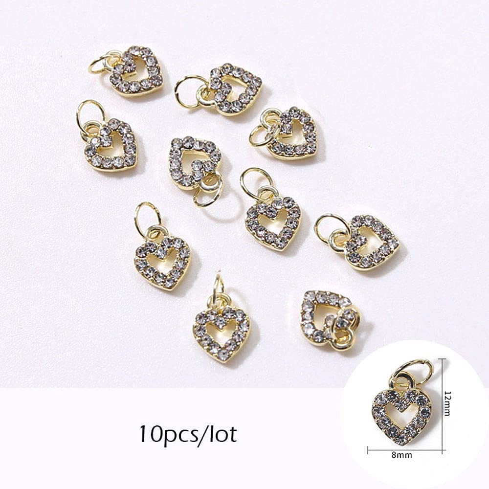 10pcs 3D Gold Heart Dangle Nail Charms - Alloy Glitter Rhinestone Nail Jewelry Pendants for Acrylic Nails - Perfect for Nail Art, Manicures & Special Occasions