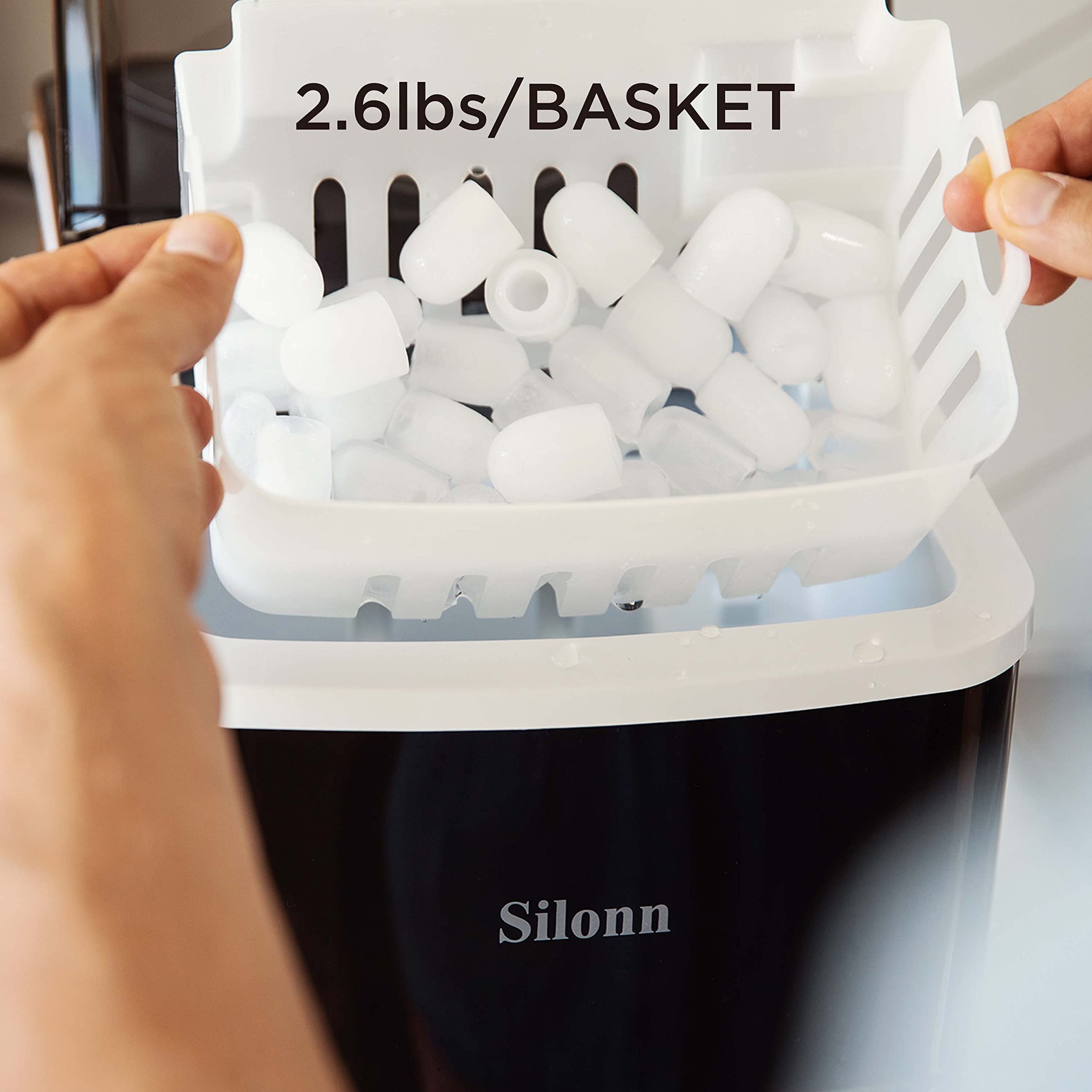 Silonn Countertop Ice Maker - Portable Ice Machine with Auto-Cleaning, 26lbs/24Hrs, 9 Ice Cubes in 6 Mins, 2 Sizes Bullet Ice, Includes Ice Scoop & Basket - Perfect for Home, Office, Parties & Outdoor Events