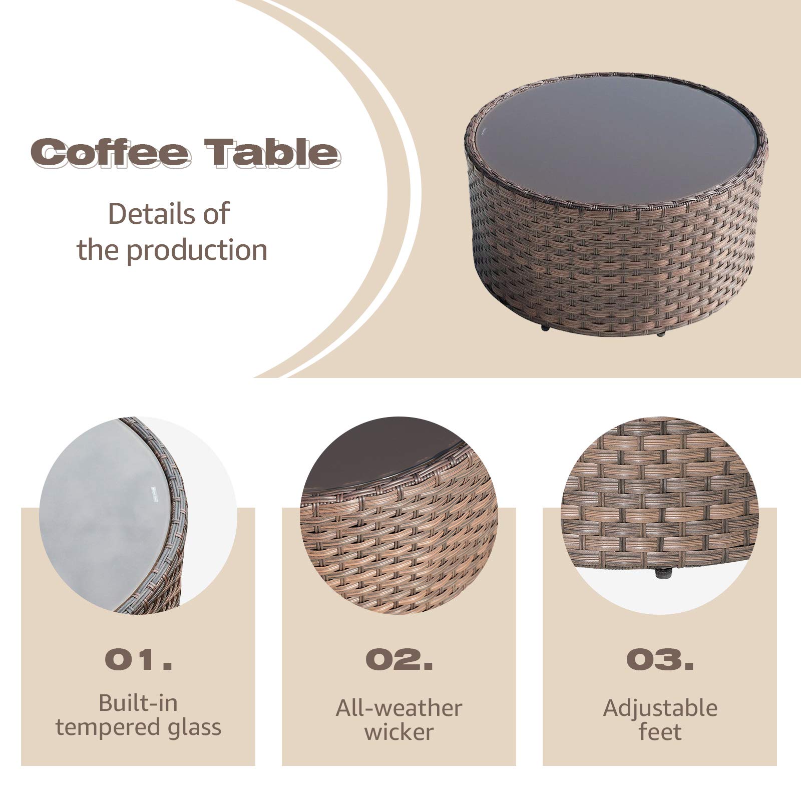 OC Orange-Casual Round Patio Coffee Table with Tempered Glass - Indoor/Outdoor Brown Wicker Table Set (Includes 4 Pillows & Furniture Cover) - Perfect for Living Room, Garden, Balcony & Poolside Relaxation