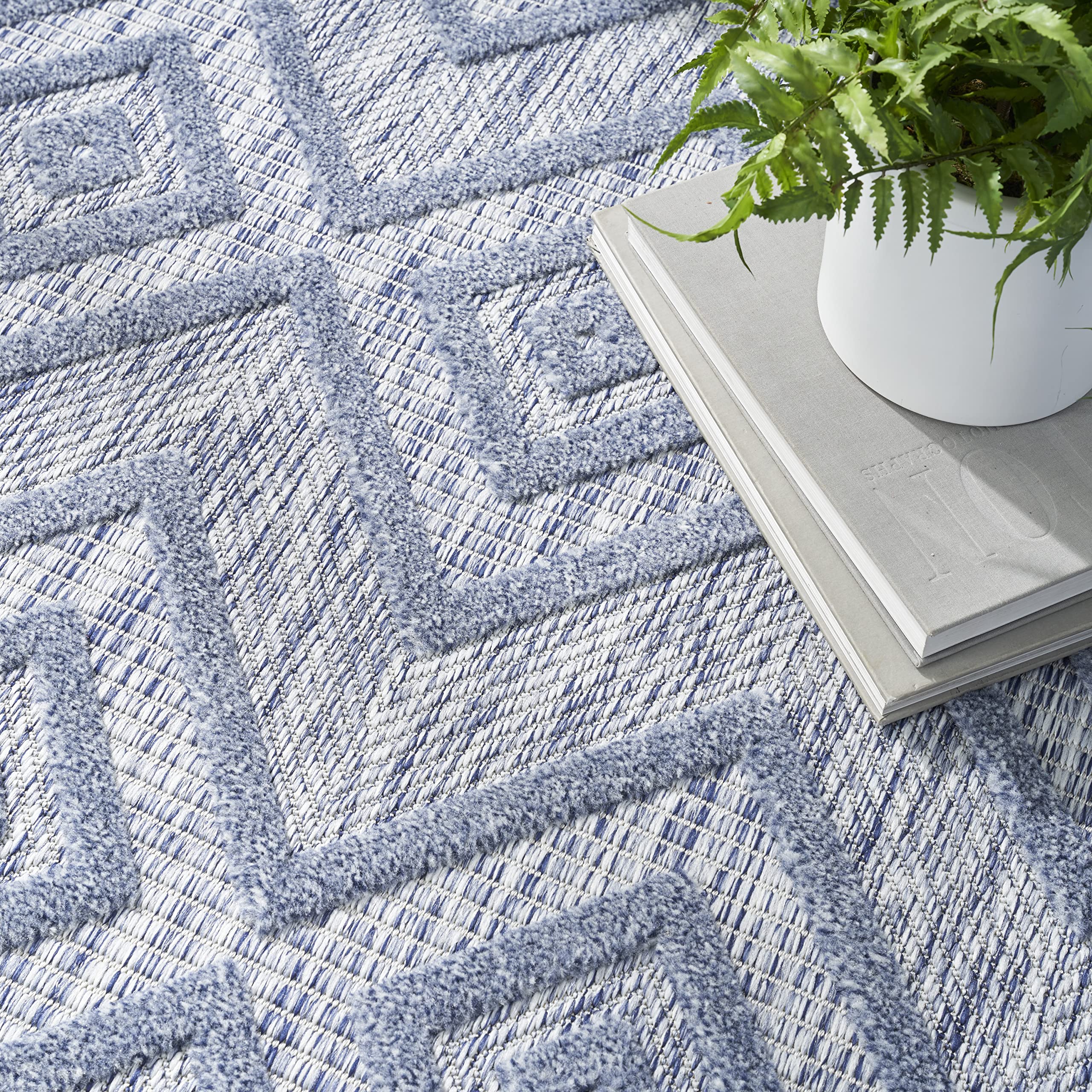 Nourison 6' x 9' Denim Blue Indoor Outdoor Area Rug - Easy Clean, Non-Shedding, Stain Resistant for High Traffic Areas | Perfect for Living Room, Bedroom, Dining Room, Deck, Backyard & Patio Decor