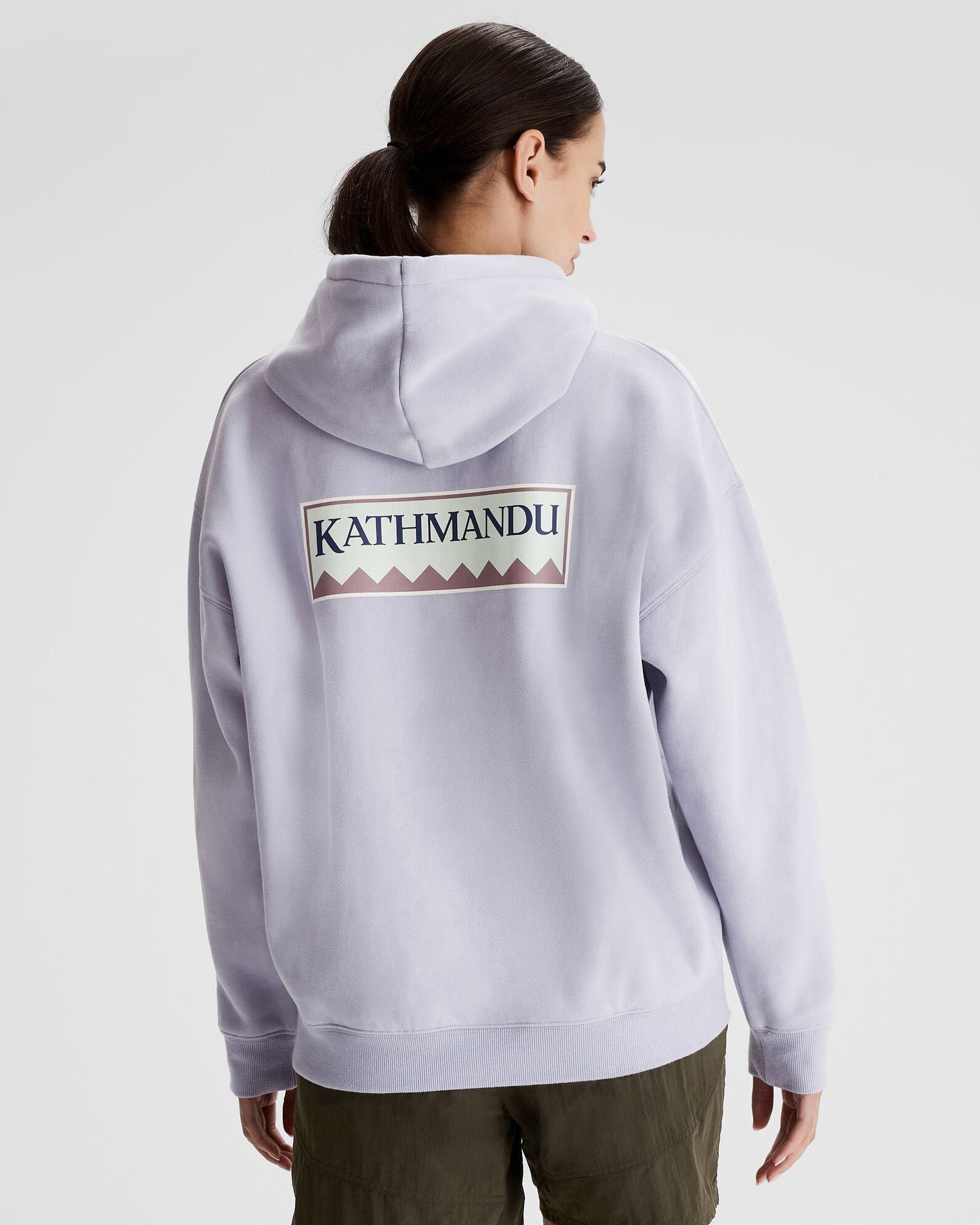 Women's Kathmandu Heritage Logo Slouchy Hoodie - Soft Fleece Pullover with Kangaroo Pocket, Dusty Lilac - Cozy Casual Wear for Outdoor Adventures & Lounge Relaxation