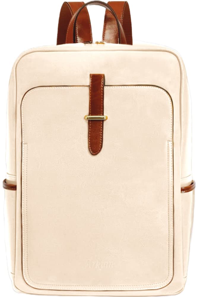 Genuine Real Leather Laptop Backpack for Women 15.6 Inch - Stylish Beige Computer Backpack for School, College, Travel, Business & Daily Use