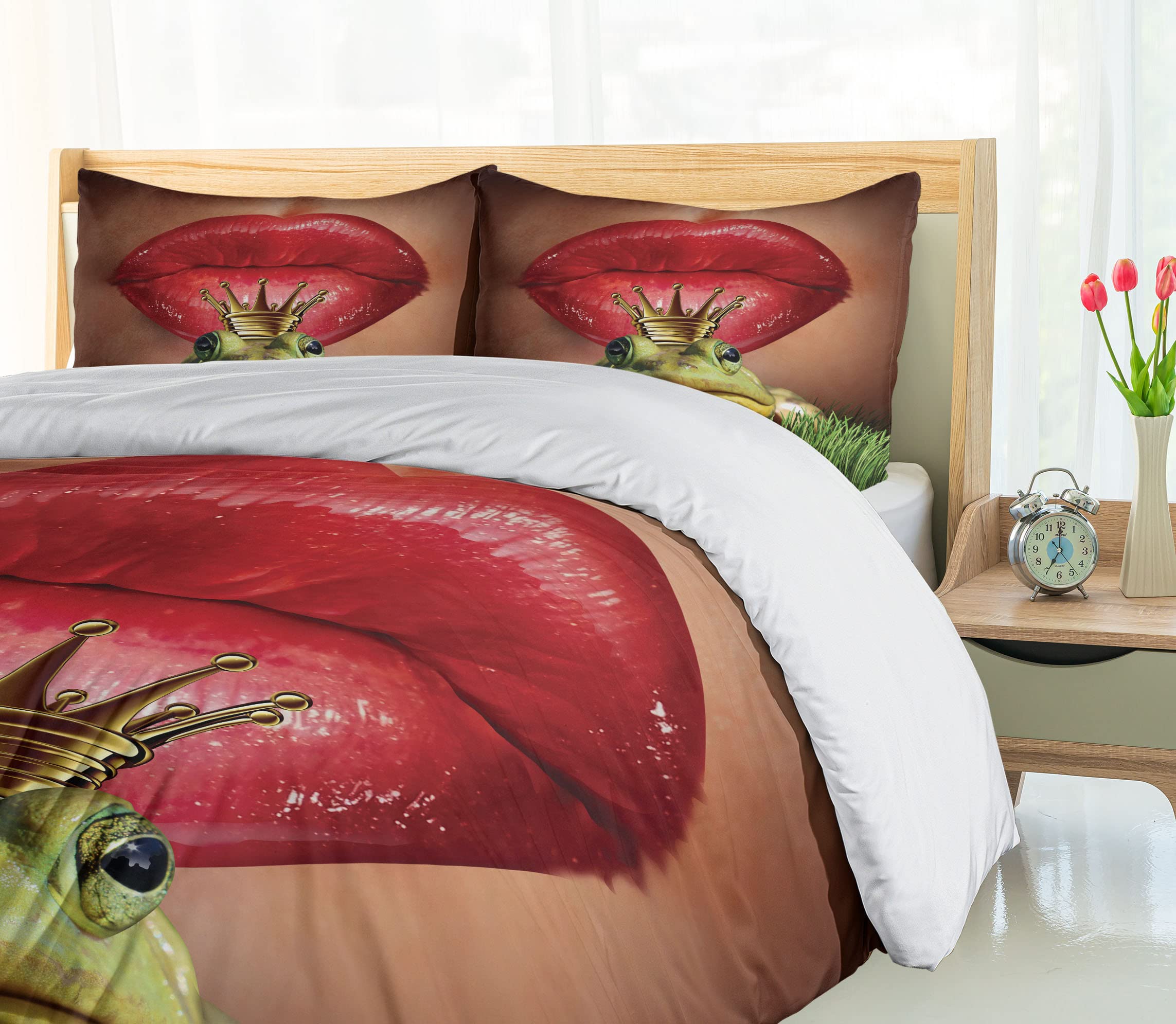 Ambesonne Animal Duvet Cover Set - Lady Finds Her Frog Prince Charming Soul Mate in Love Romance Art, 3-Piece Bedding Set with 2 Pillow Shams, California King Size, Green Red Yellow Design | Perfect for Master Bedroom, Guest Room & Fairy Tale Themed Decor