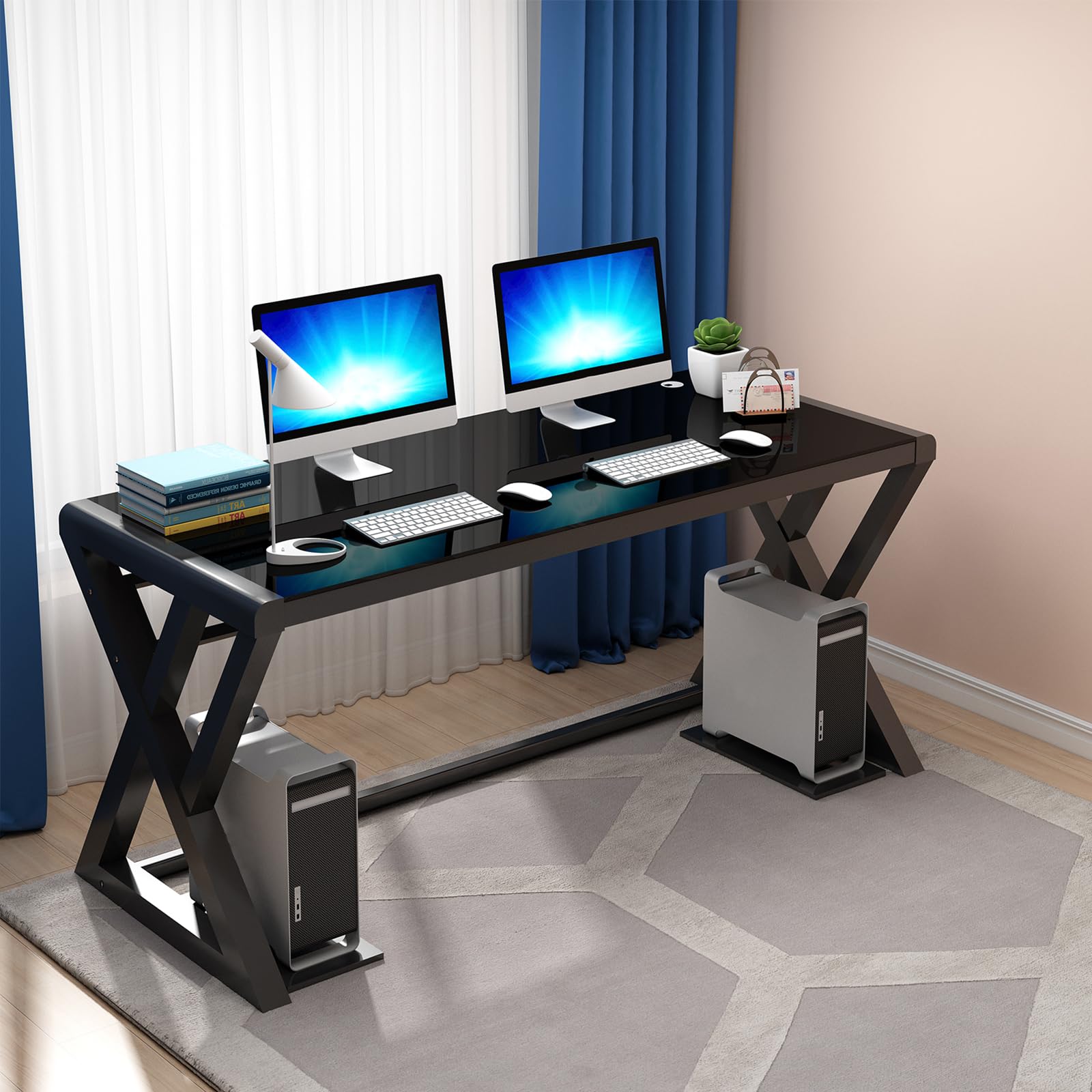 SAMERY 55.1 Inch Modern Black Glass Computer Desk - Home Office, Study, Gaming & Writing Table with Fashion Strength Tempered Glass for Laptop & Office Use