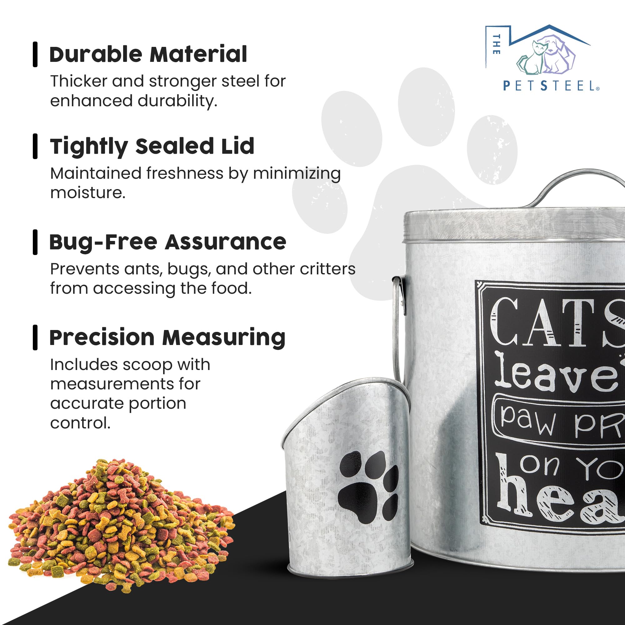 20lb Silver Cat Food Storage Container with Scoop - Airtight Pet Food Bin for Dry Kibble, Fits Pantry - Modern & Stylish Cat Food Storage for Home Use