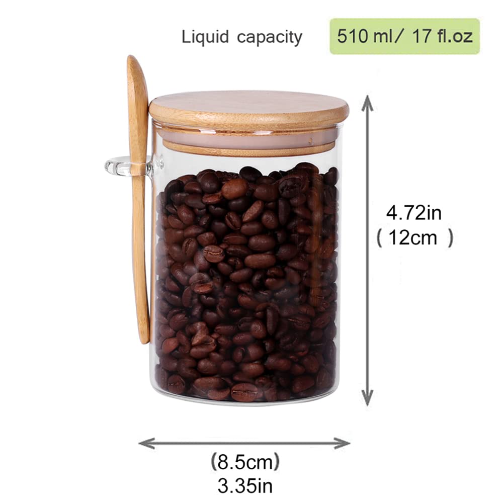 17oz Glass Jars with Bamboo Lids & Spoon - Set of 3 Small Airtight Containers for Sugar, Coffee, Tea Storage | Perfect for Kitchen Pantry, Coffee Bar & Tea Station Organization