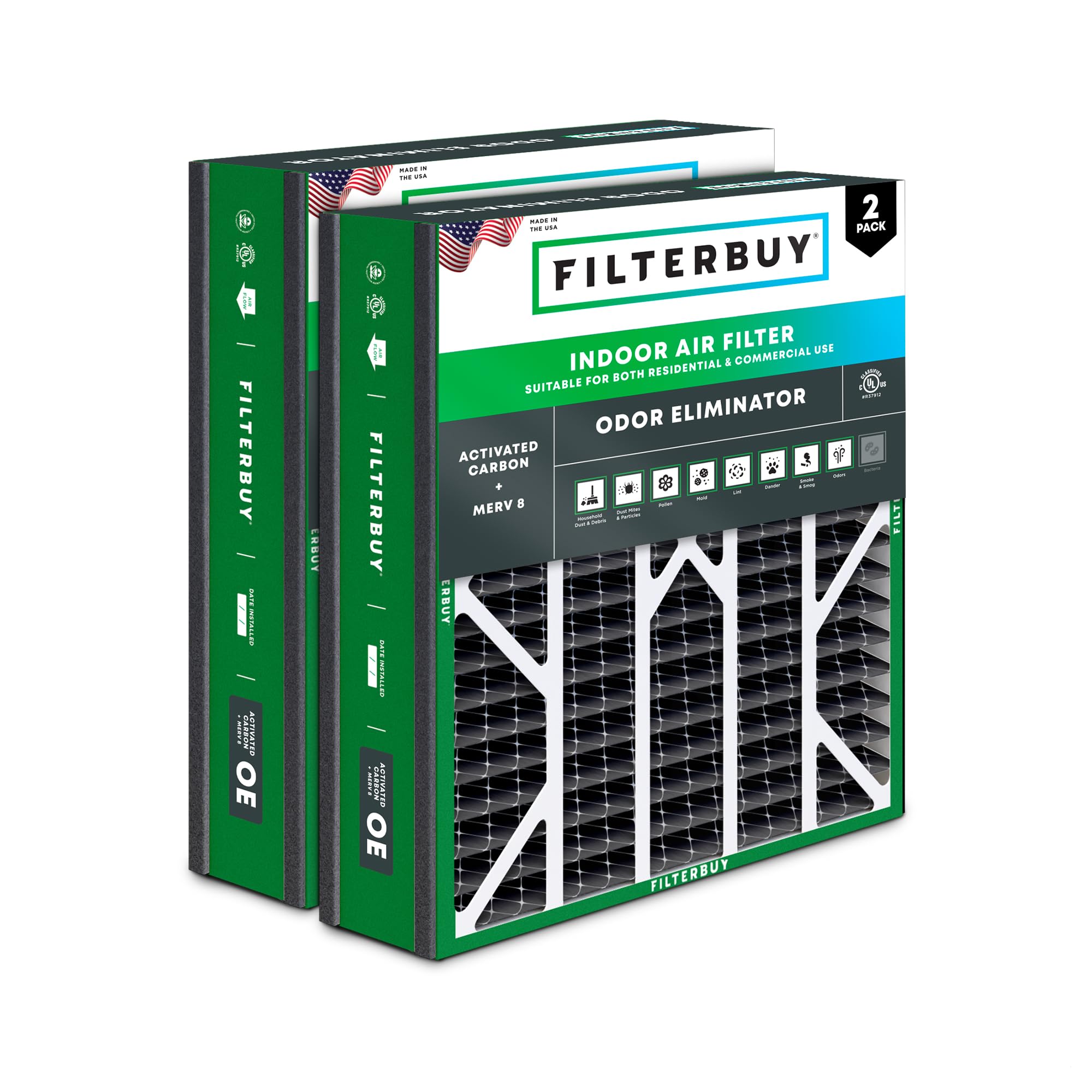 Filterbuy 20x25x5 MERV 8 Pleated Air Filter with Activated Carbon (2-Pack) - Odor Eliminator for HVAC, AC & Furnace - Fits Trion Air Bear & More (19.63