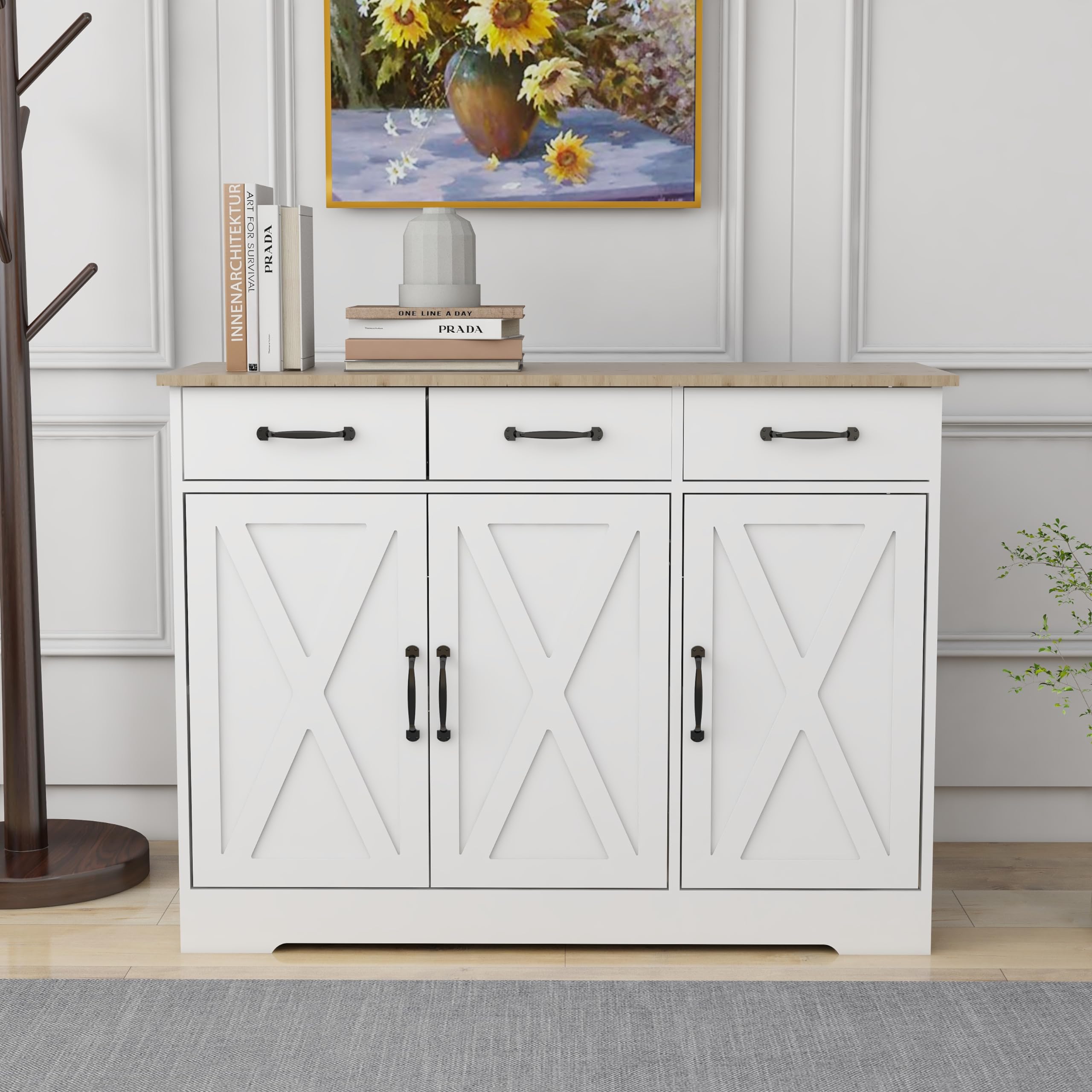 RASOO White 3-Door Sideboard Buffet Cabinet with 3 Drawers - Farmhouse Style Kitchen Storage Cabinet with Cross Doors for Dining Room, Living Room & Home Decor - Perfect for Entertaining Guests & Organizing Dishes
