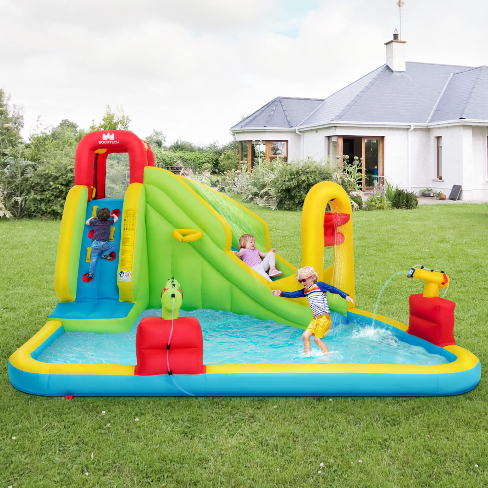BOUNTECH Inflatable Water Slide - Mega Waterslide Park for Kids & Adults, Backyard Splash Pool with Water Basin & Climbing Wall - Outdoor Summer Party Fun for Family Gatherings, Birthday Gifts & Poolside Entertainment