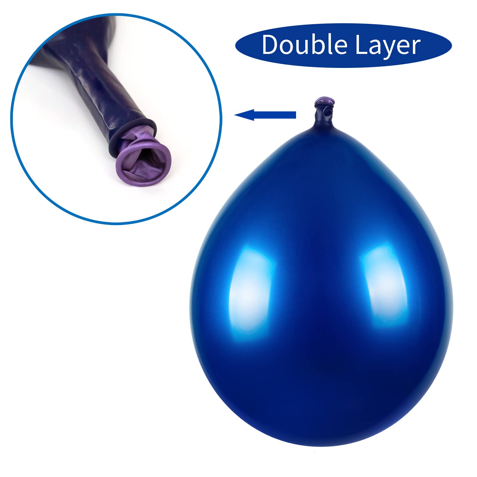 50pcs Chrome Metallic Blue Balloons, 12 Inch Double Stuffed Royal Blue Latex Balloons for Wedding, Graduation, Baby Shower Decorations - Includes 2 Blue Ribbons - Perfect for Party Backdrops, Ceiling Decor & Photo Booth Props