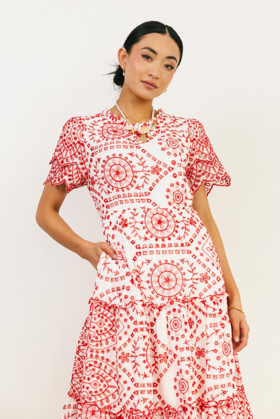 Alena Eyelet Lace Dress in Red - Elegant Summer Floral Dress for Women | Perfect for Weddings, Parties & Special Occasions