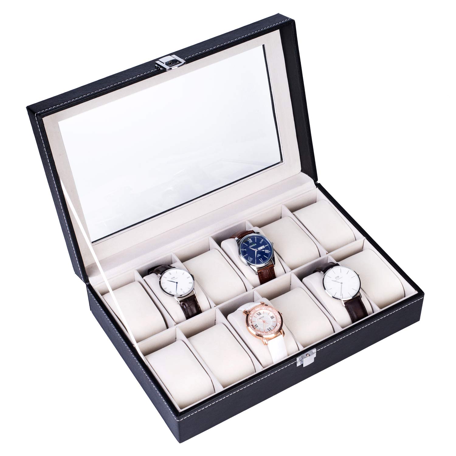 Premium 10-Slot Leather Watch Display Case with Removable Pillows - Luxury Watch Storage Box for Men's Collection (Black) | Perfect for Home, Office & Travel Organization