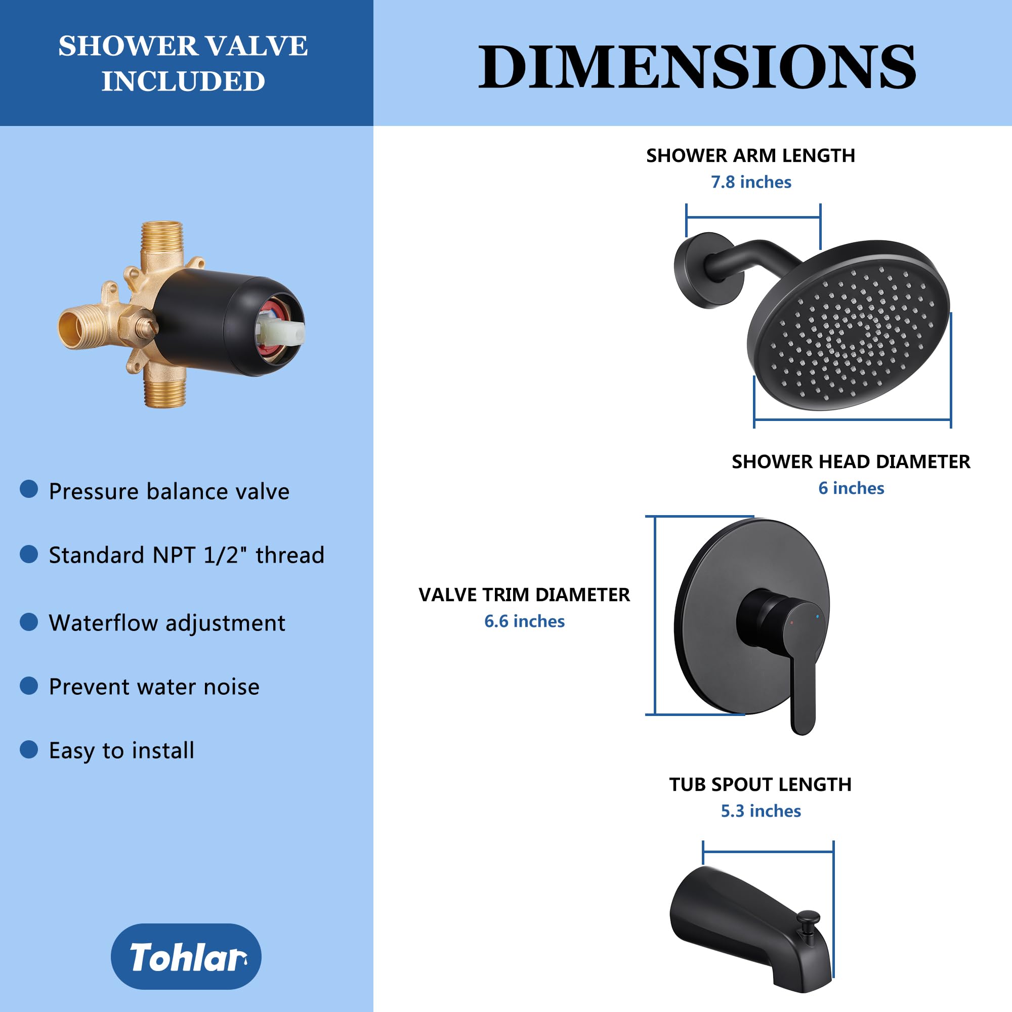 Tohlar Matte Black Shower Faucet Set - 6 Inch Rainfall Shower Head with Single Handle Valve, Tub Spout & Trim Kit for Bathroom Remodel | Modern Bathroom Upgrade for Spa-Like Experience