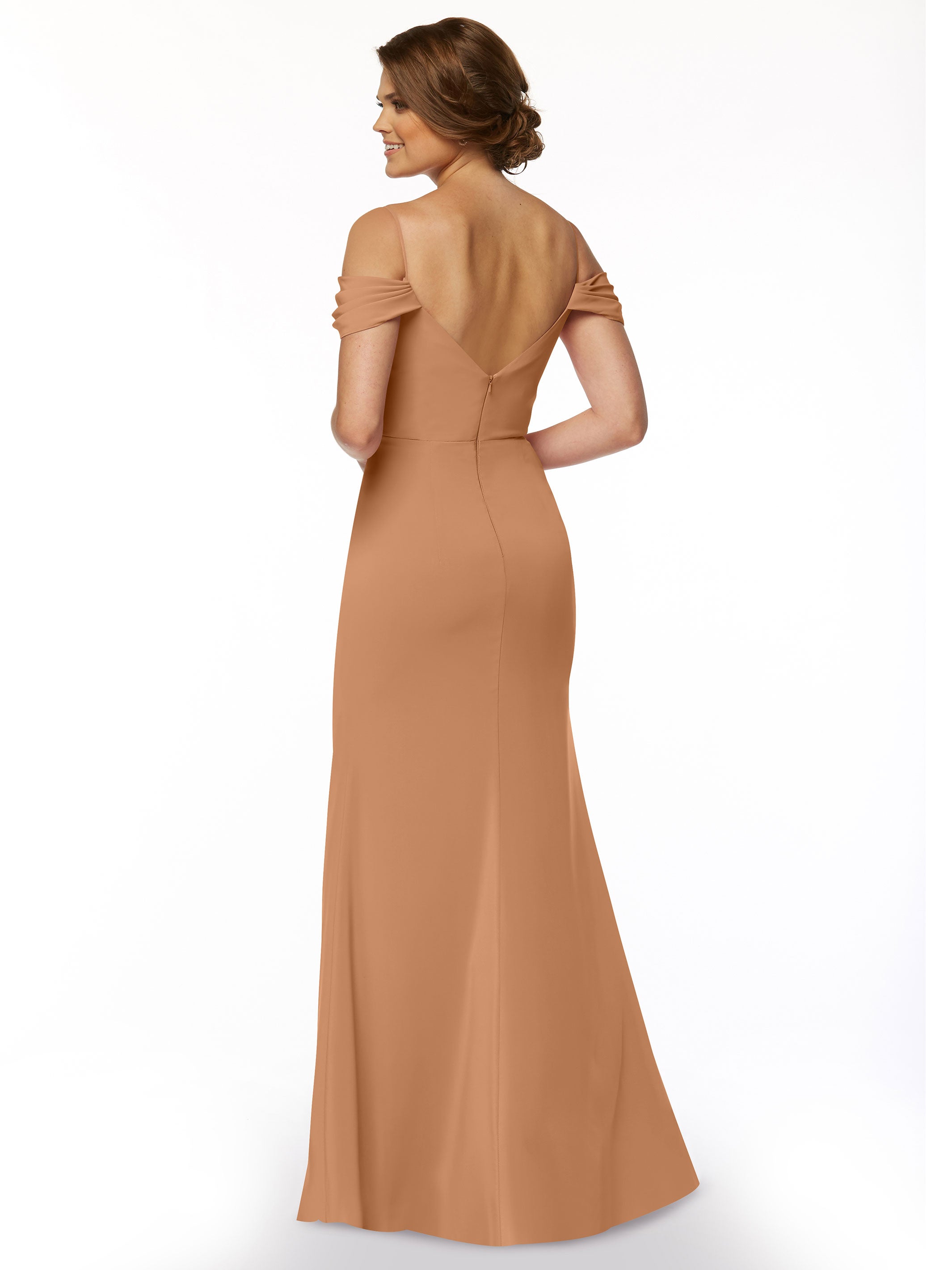 Elegant 83029 Fitted Stretch Chiffon Off-The-Shoulder Bridesmaid Dress with High Slit - Perfect for Weddings, Prom & Formal Events