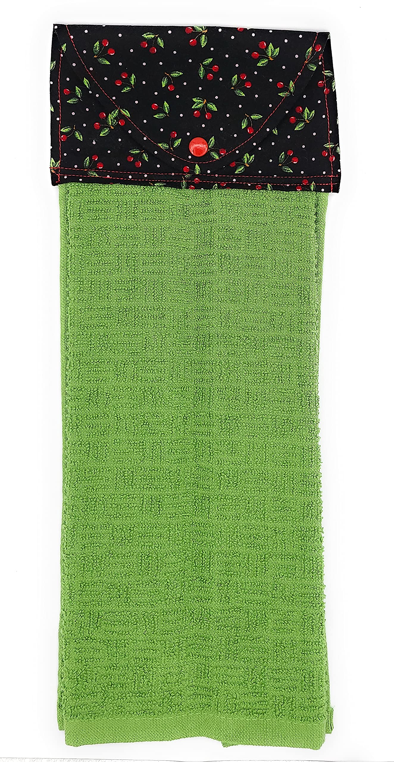 Cherry Print Hanging Kitchen Towel with Button Loop - Vintage Style Dish Cloth for Drying Dishes - Cute Cherry Themed Hostess Gift & Housewarming Present Under $20 - Perfect for Farmhouse Kitchens, Retro Decor & Gift Baskets