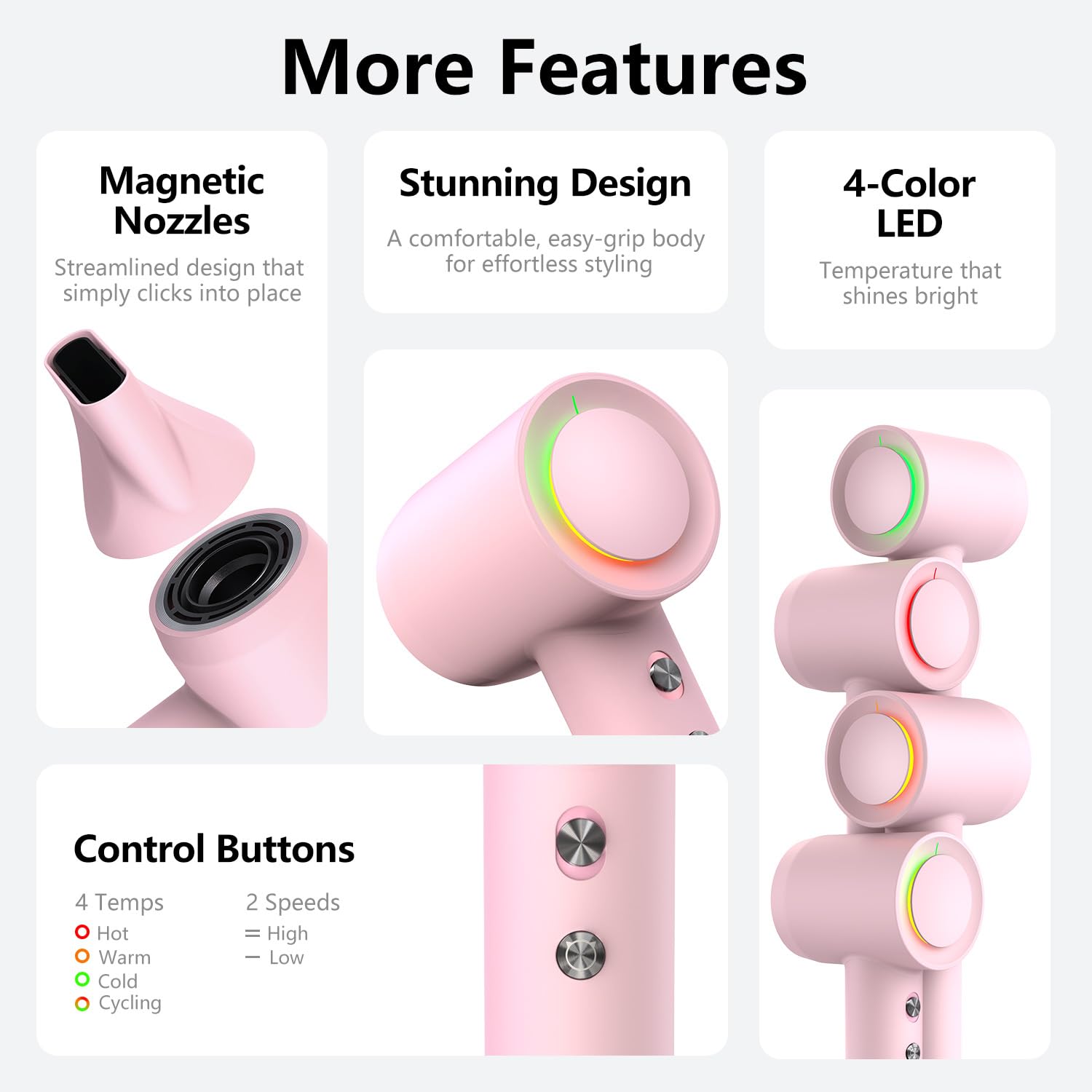 Professional 160,000 RPM High-Speed Hair Dryer with 500 Million Negative Ions - Fast Drying, Low Noise & Thermo Control - Includes Magnetic Diffuser & Nozzle - Perfect for Home, Salon & Travel Use (Pink)