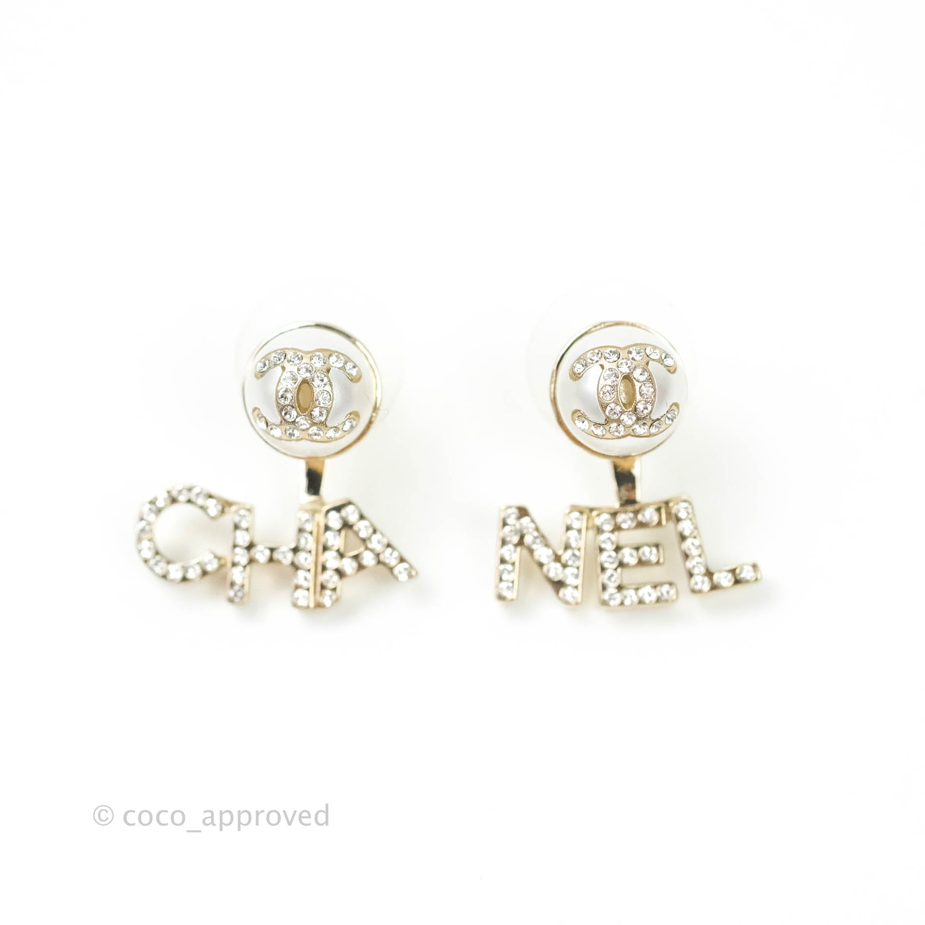 Chanel CC Pearl Rhinestone Earrings in Gold Tone - Luxury Fashion Jewelry for Women | Perfect for Parties, Weddings & Special Occasions