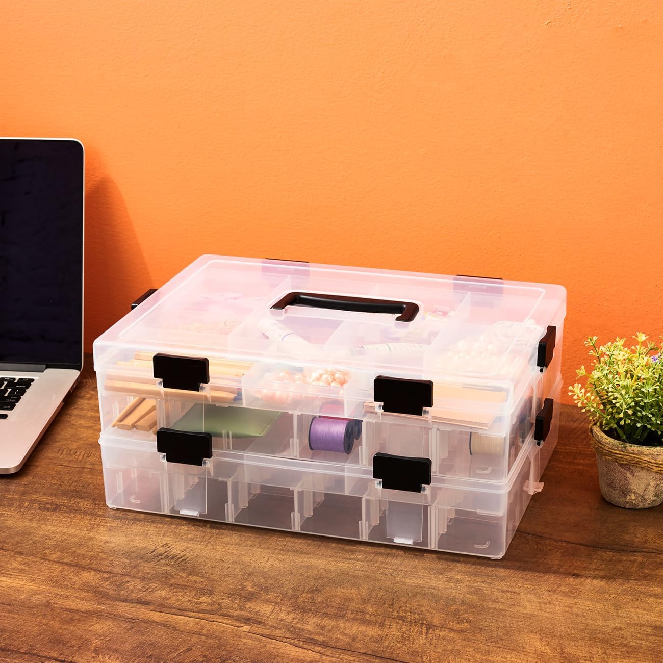 EZOWare 2-Tier Clear Plastic Craft Storage Organizer Box - 118 Adjustable Grid Compartments with Handle, Stackable Jewelry & Sewing Supplies Container for Beads, LEGO Blocks, Fishing Tackle - Perfect for Craft Rooms, DIY Workshops & Home Organization