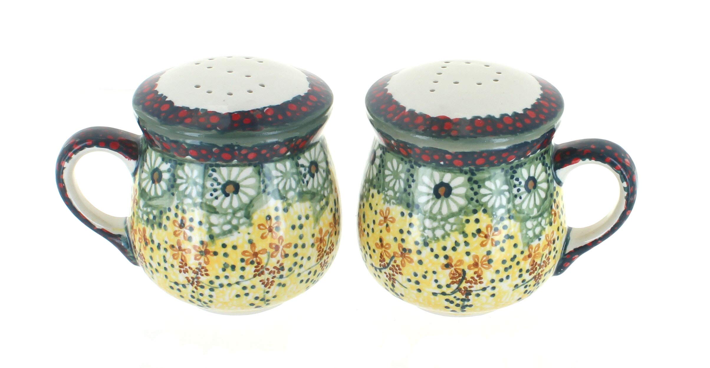 Handmade Blue Rose Polish Pottery Sunshine Grotto Salt and Pepper Shakers with Wooden Handles - Perfect for Kitchen, Dining Table, and Gift Giving
