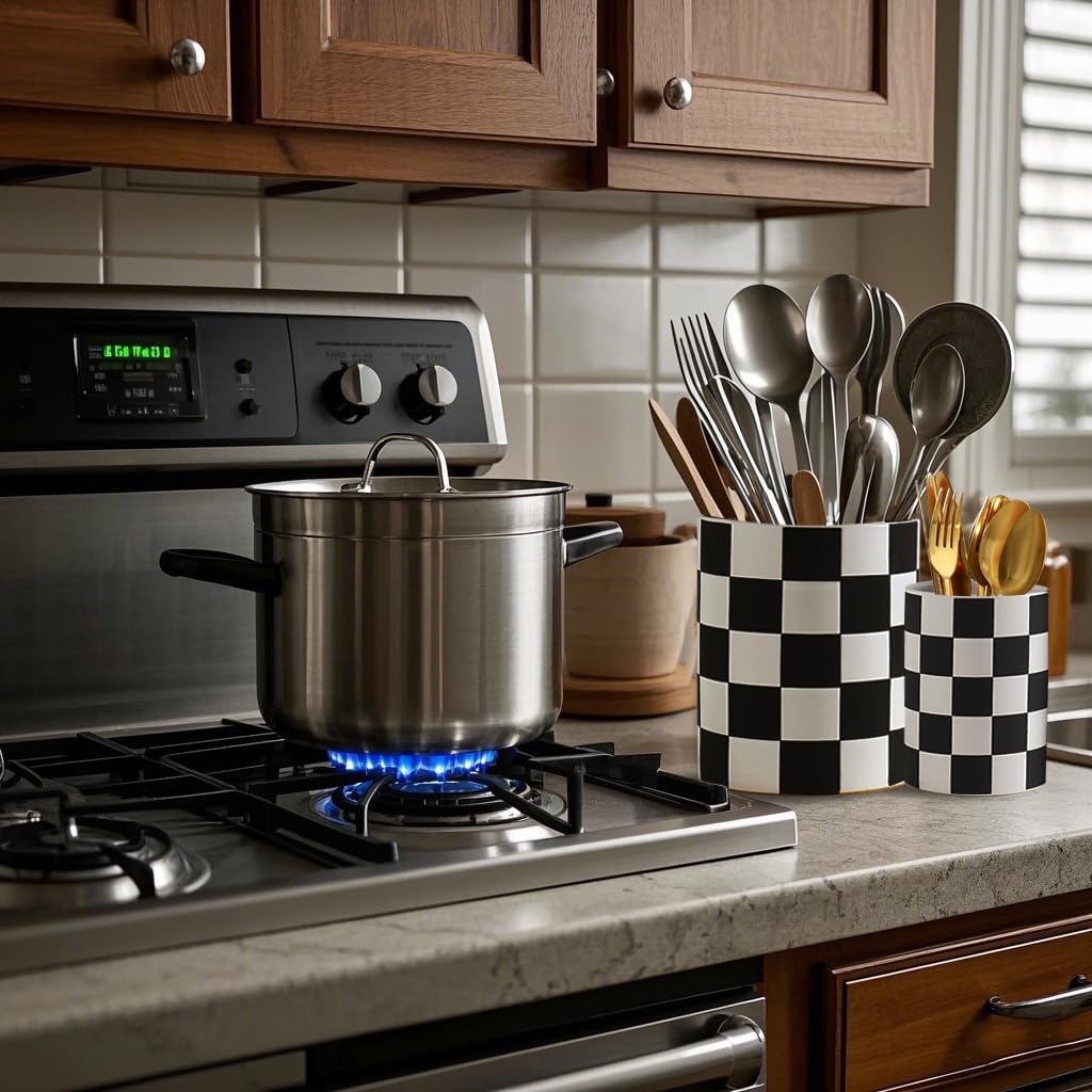 Black Checkered Ceramic Utensil Holder - 7.1