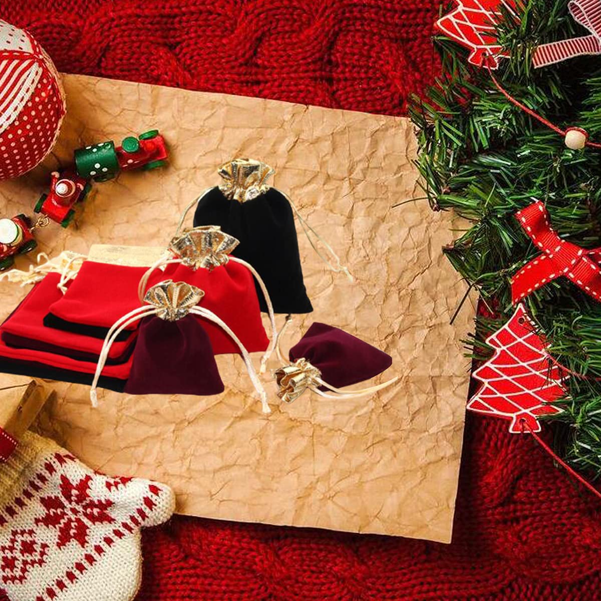 Premium Velvet Drawstring Bags - 50 Pack Red Jewelry Gift Pouches for Wedding Favors, Party Supplies & Candy Bags (2.8