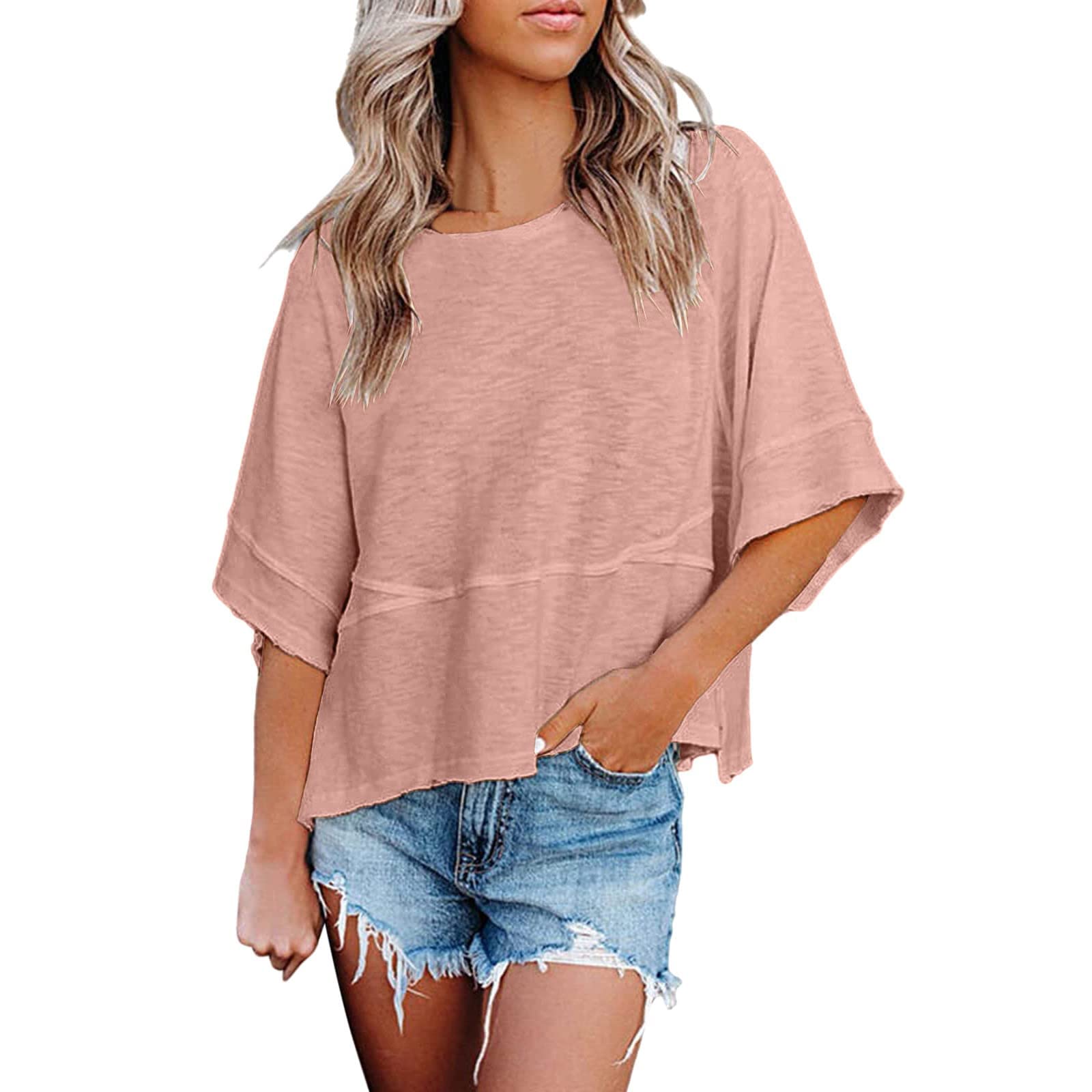 Women's Summer Casual Cute Crewneck 3/4 Sleeve T-Shirt - Solid Color Loose Fit Basic Tee Blouse for Everyday Wear & Outfits
