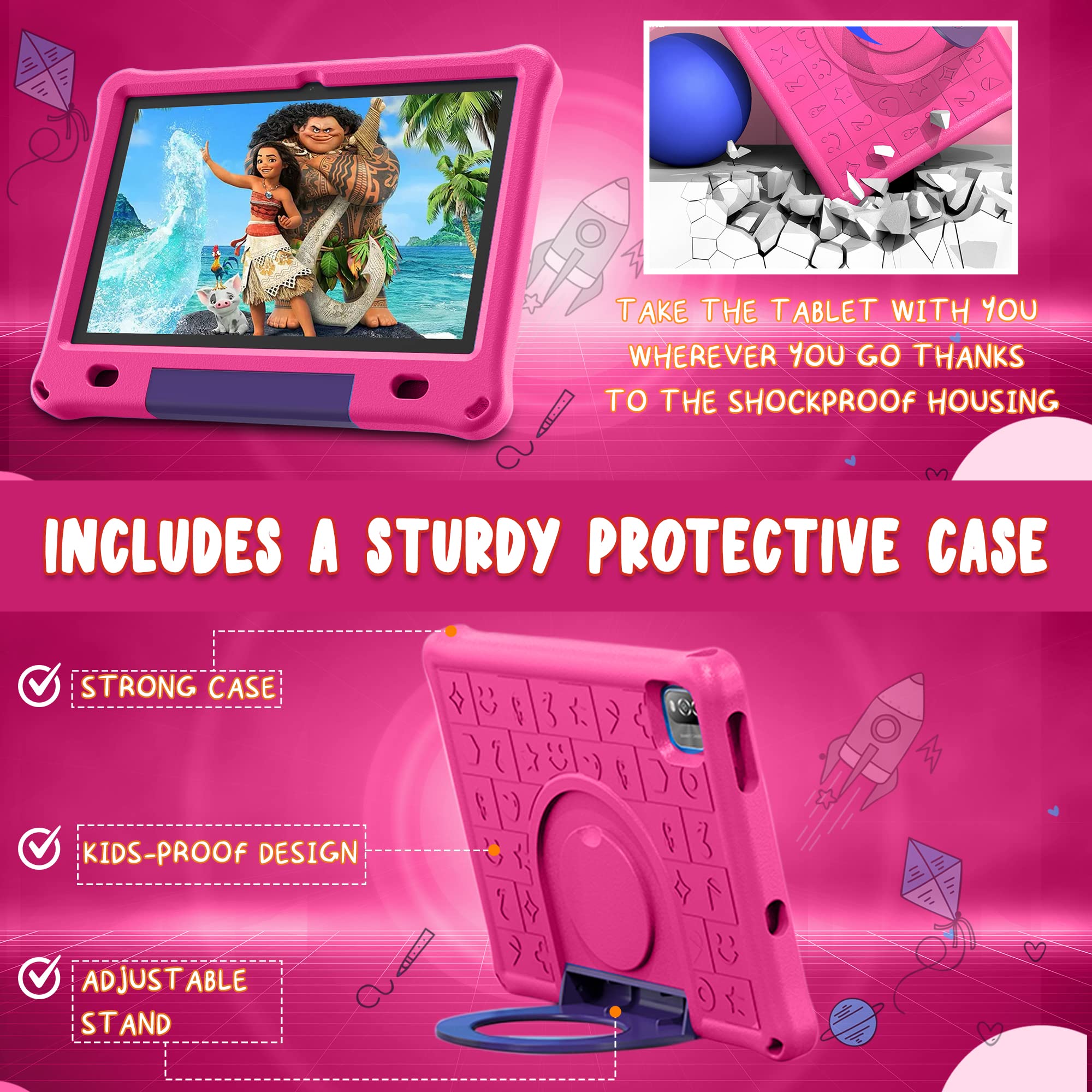 CosmoToys® Kids Tablet with Parental Control - Android 12, 6000mAh Battery, Includes Car Storage Cover & Tablet Holder - Educational Learning Tablet for Toddlers & Children (Pink) - Perfect for Road Trips, Homeschooling & Entertainment