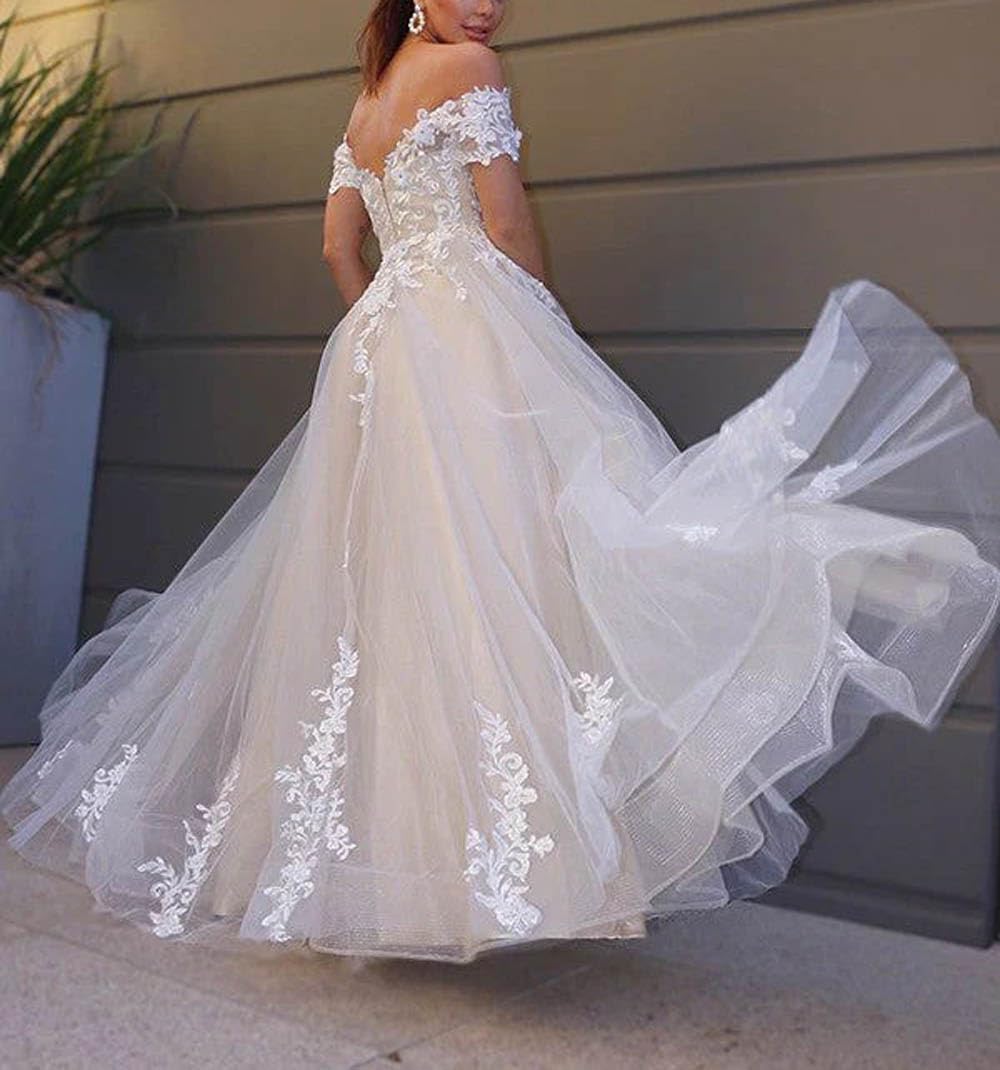 Elegant Sleeveless Lace Applique A-Line Off Shoulder Wedding Dress for Women - Long Formal Evening Gown for Bridal, Prom, Cocktail Party & Special Occasions